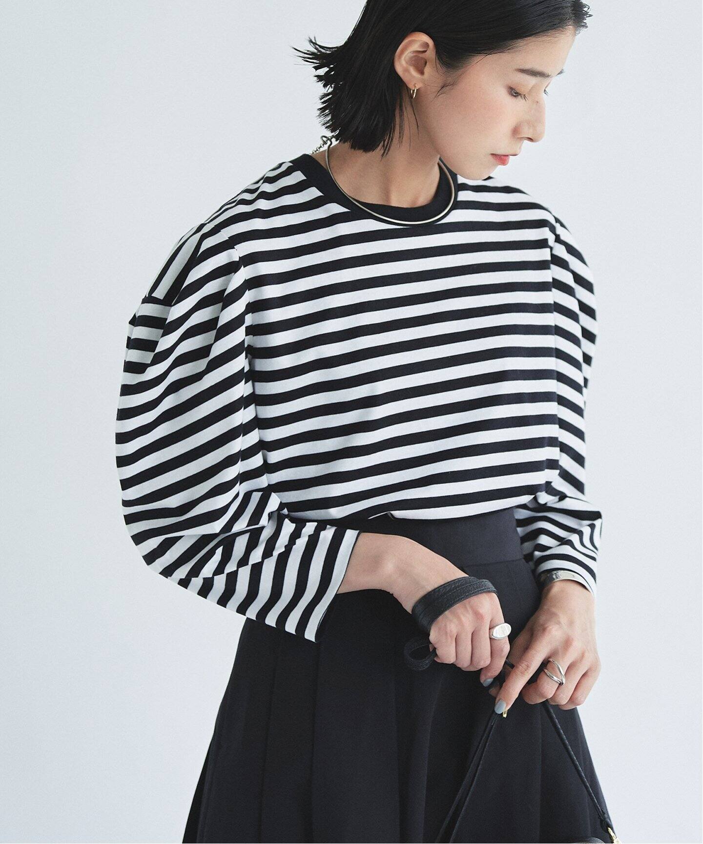 ボーダーパワーショルダーTEE：カットソー（Tシャツ／カットソー 