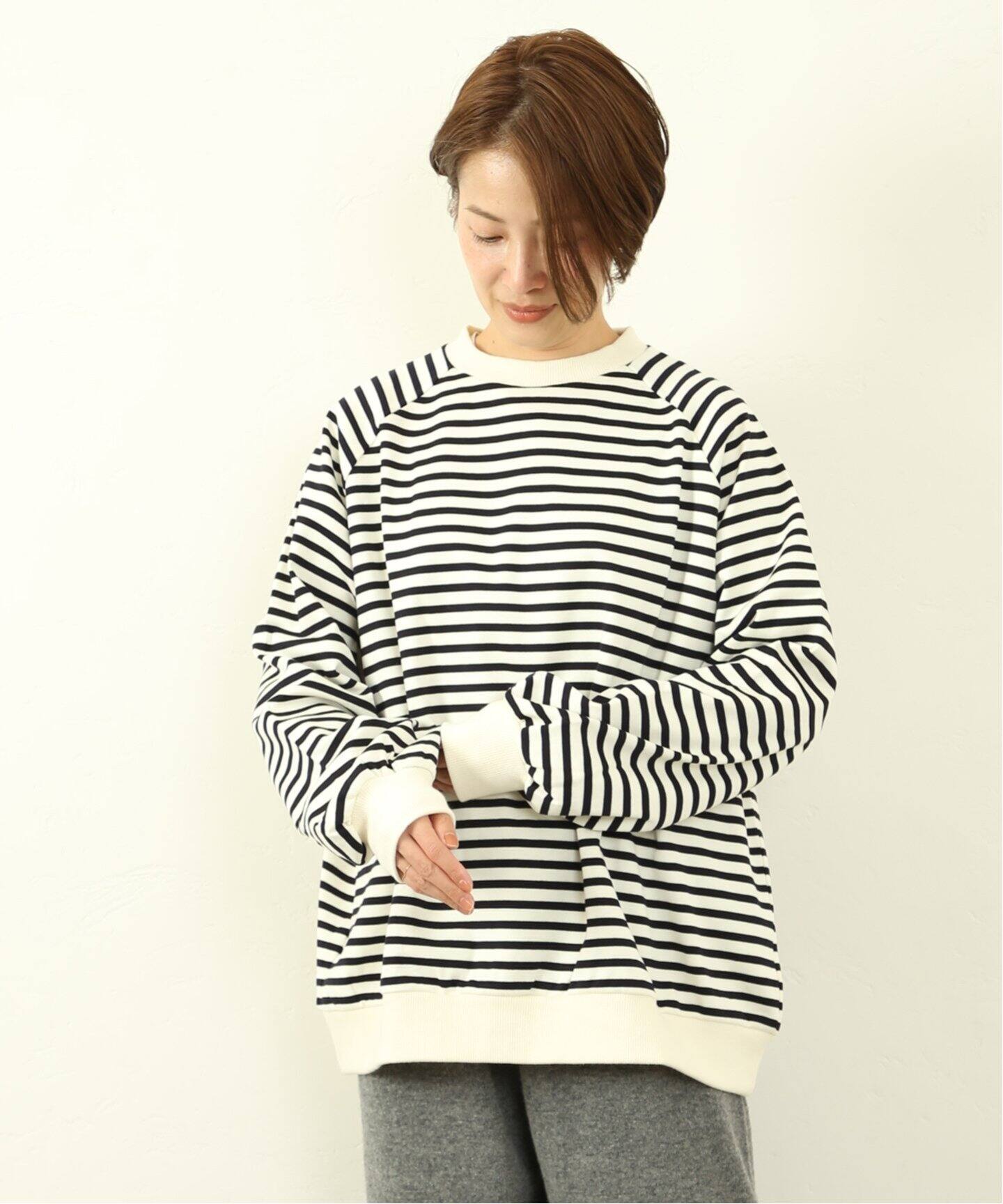 ミラノリブボーダー クルーネックプルオーバー（Tシャツ／カットソー 