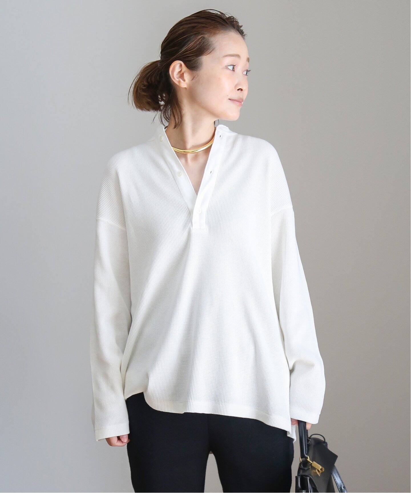 AMERICANA/アメリカーナ】ワッフル ヘンリー ロングスリーブ Tシャツ  