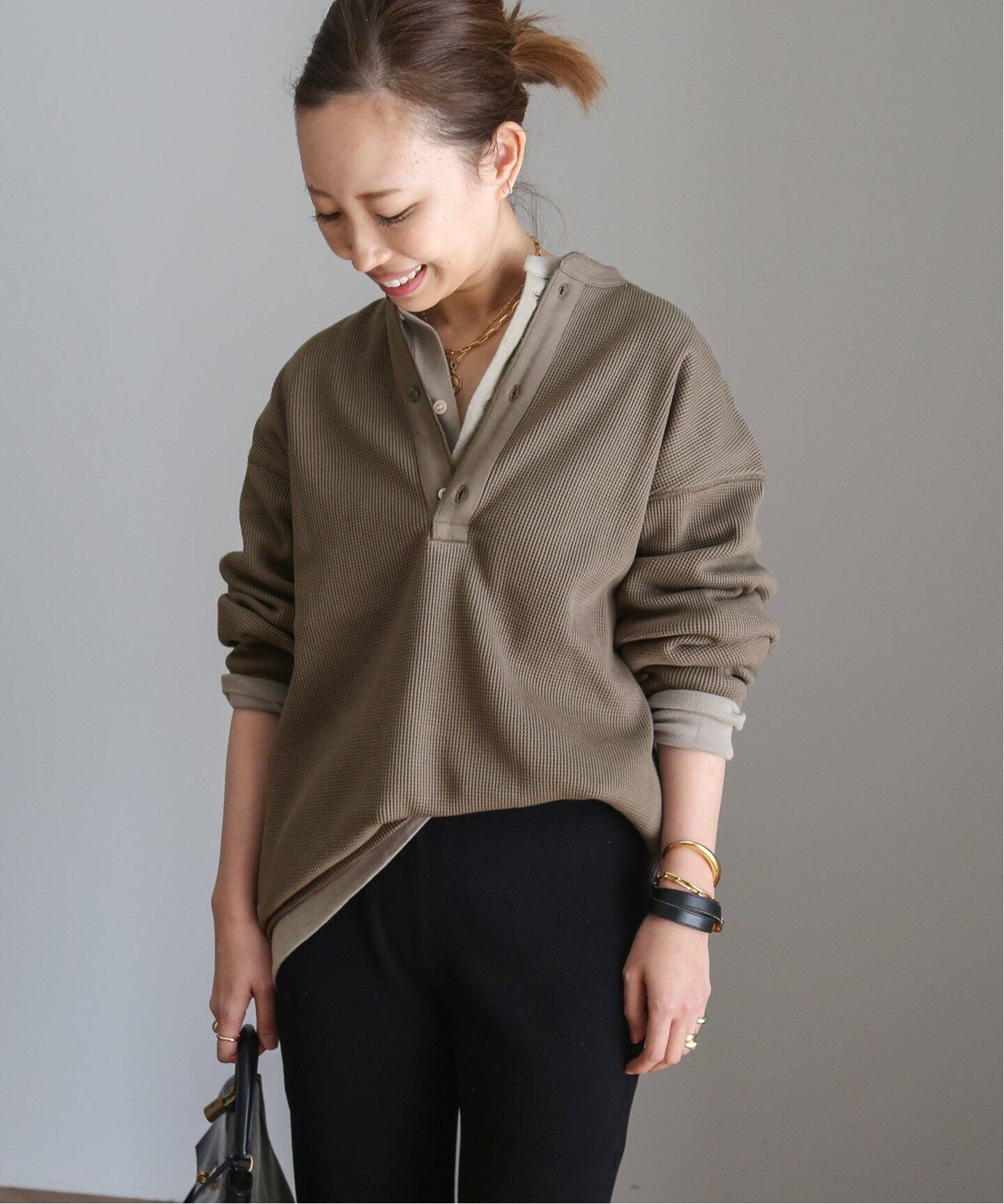 AMERICANA/アメリカーナ】ワッフル ヘンリー ロングスリーブ Tシャツ  