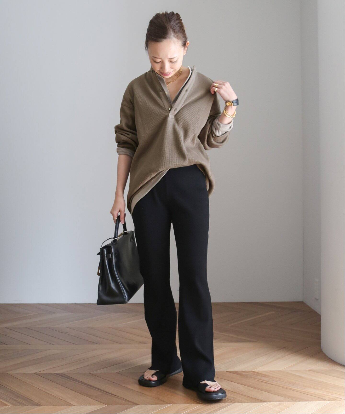 AMERICANA/アメリカーナ】ワッフル ヘンリー ロングスリーブ Tシャツ  