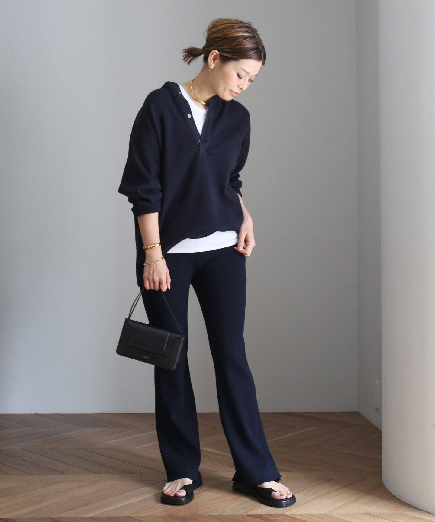 AMERICANA/アメリカーナ】ワッフル ヘンリー ロングスリーブ Tシャツ  