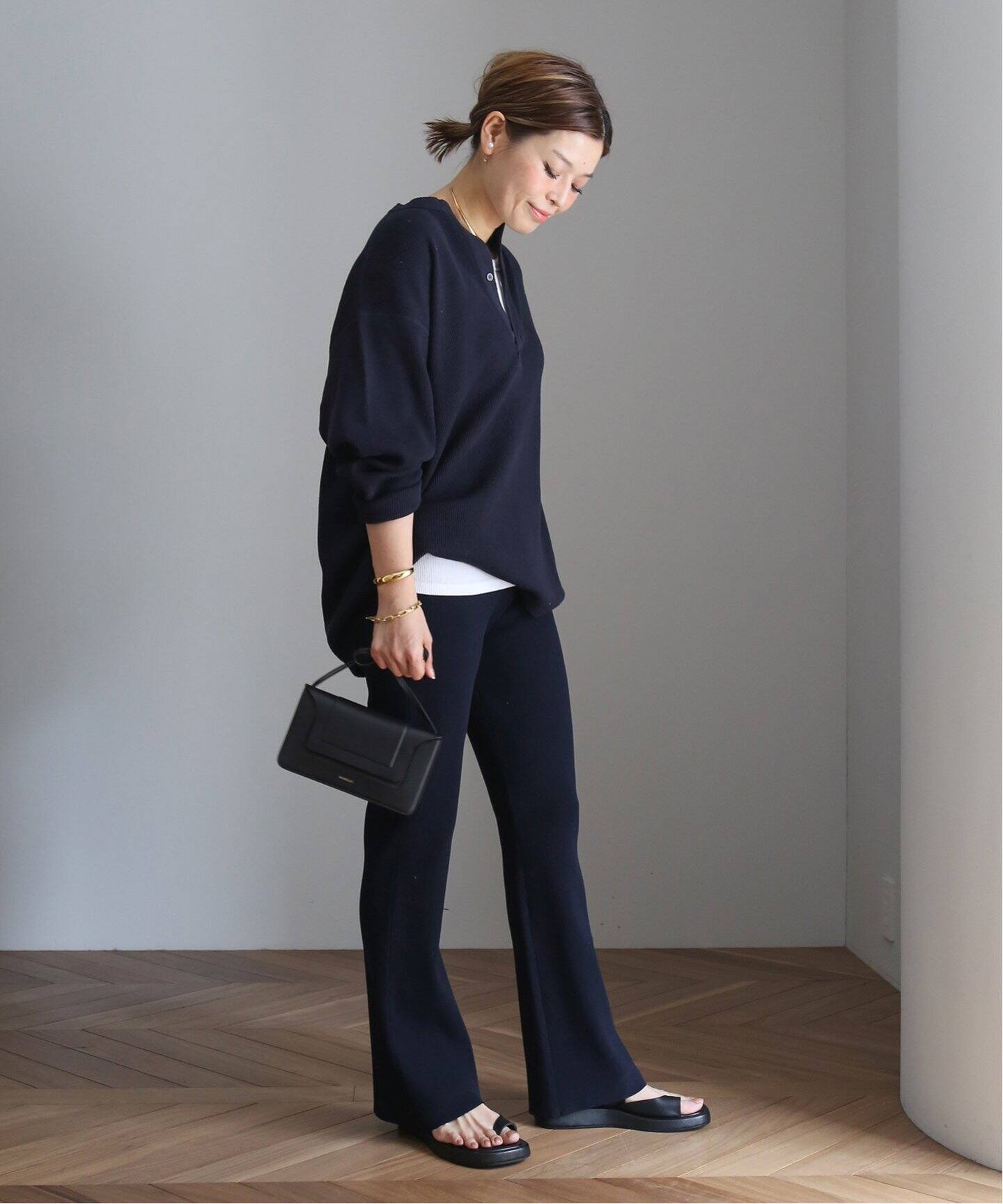 AMERICANA/アメリカーナ】ワッフル ヘンリー ロングスリーブ Tシャツ  