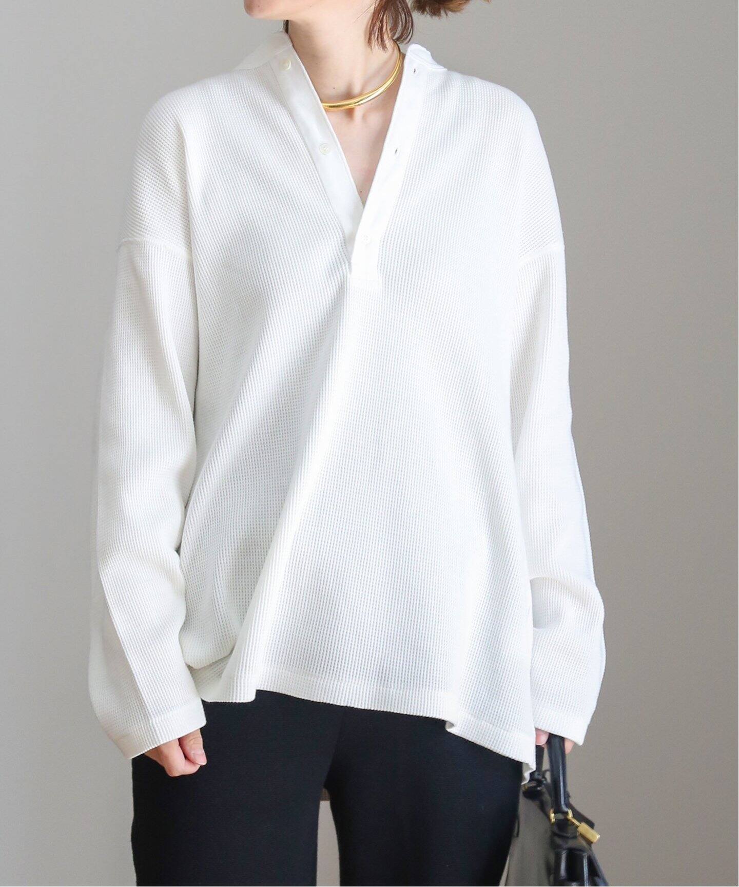 AMERICANA/アメリカーナ】ワッフル ヘンリー ロングスリーブ Tシャツ  