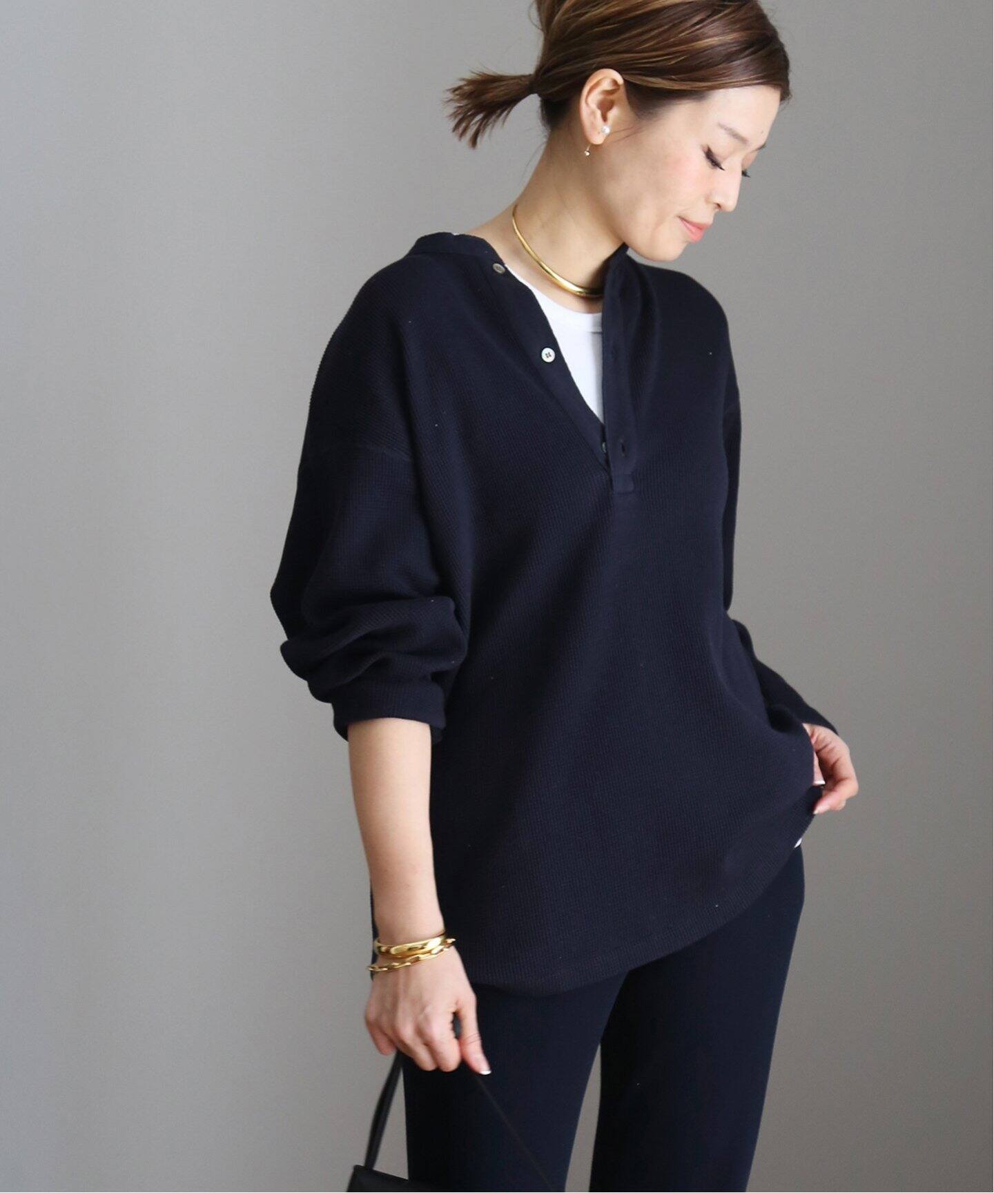 AMERICANA/アメリカーナ】ワッフル ヘンリー ロングスリーブ Tシャツ  