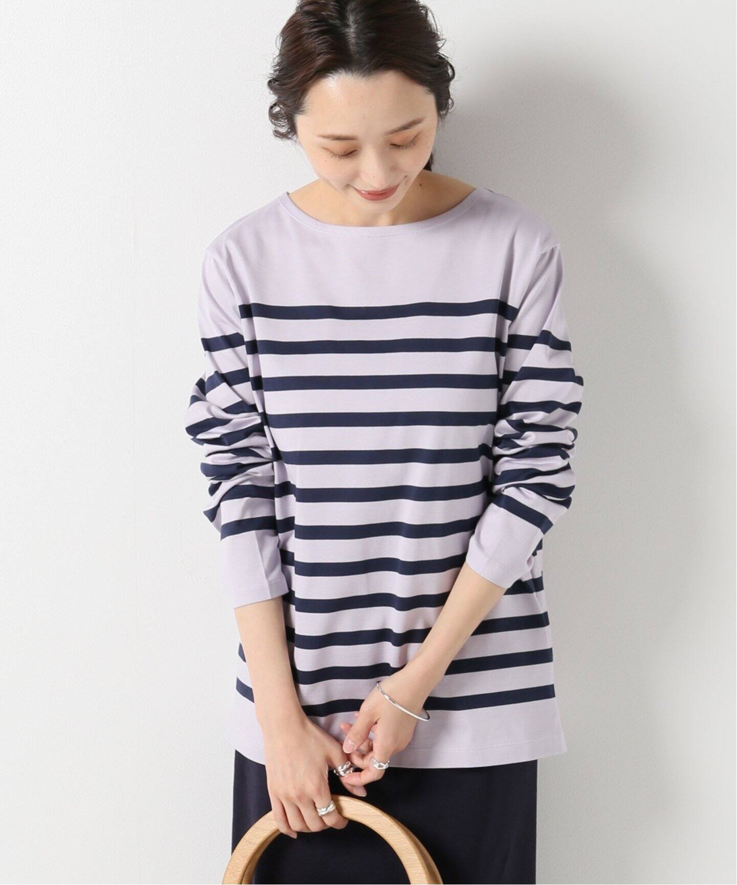 SUVIN COTTONボーダーコンパクトプルオーバー（Tシャツ／カットソー 