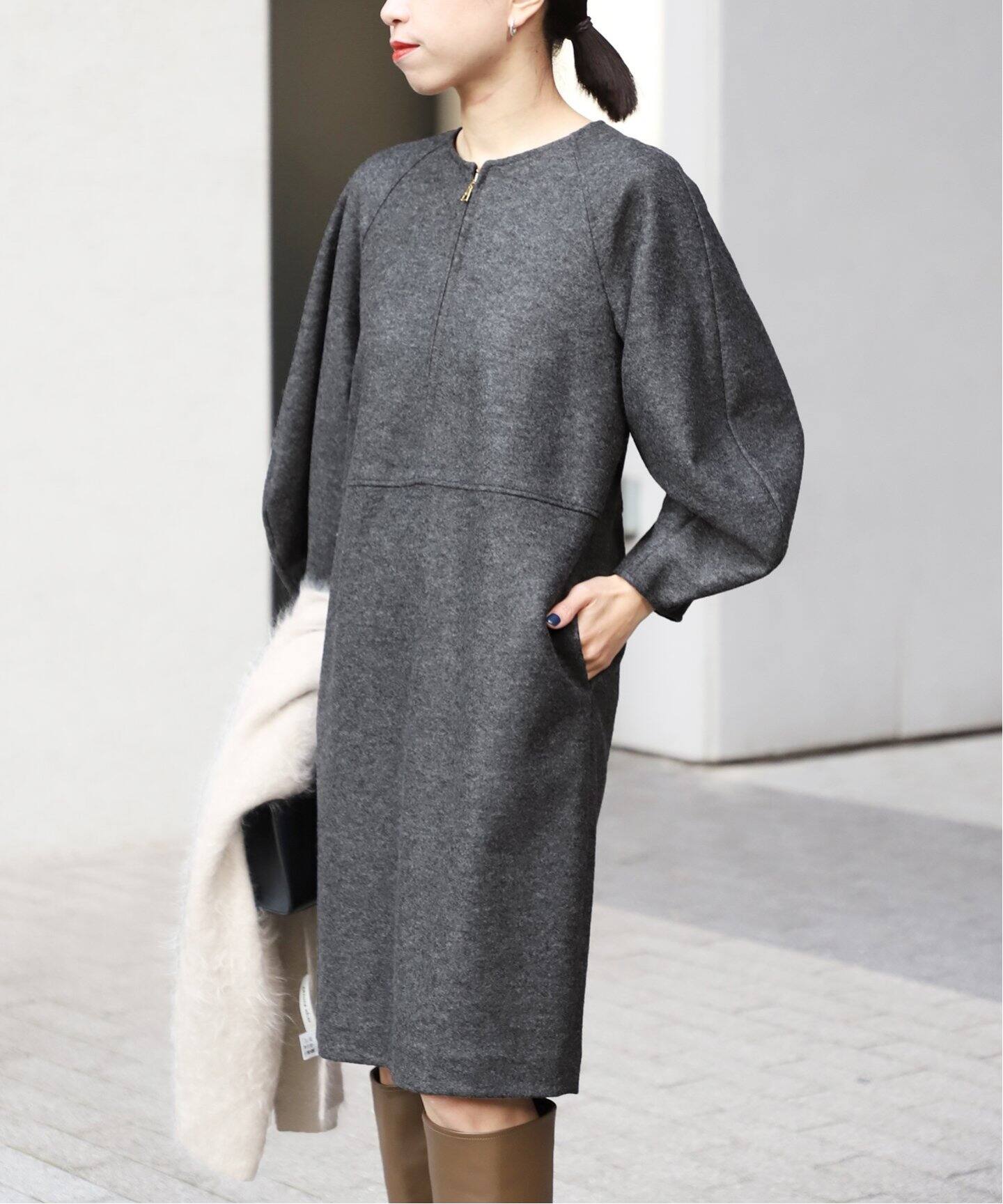 追加》ウールリング圧縮 パフスリーブチュニックワンピース  