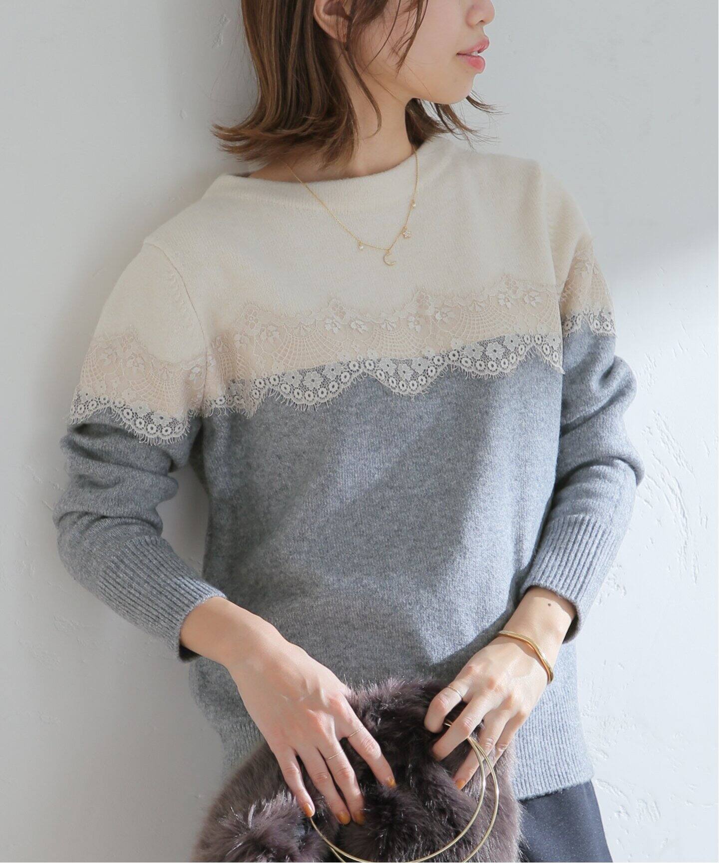 バイカラーレース ボートネック プルオーバー（ニット／セーター）｜La  