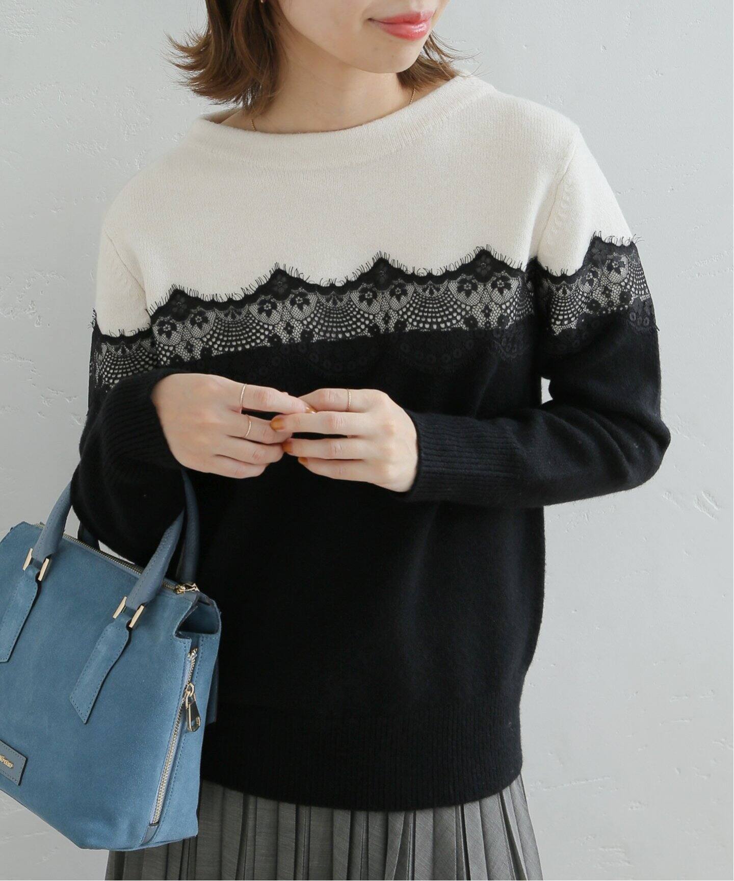 バイカラーレース ボートネック プルオーバー（ニット／セーター）｜La  