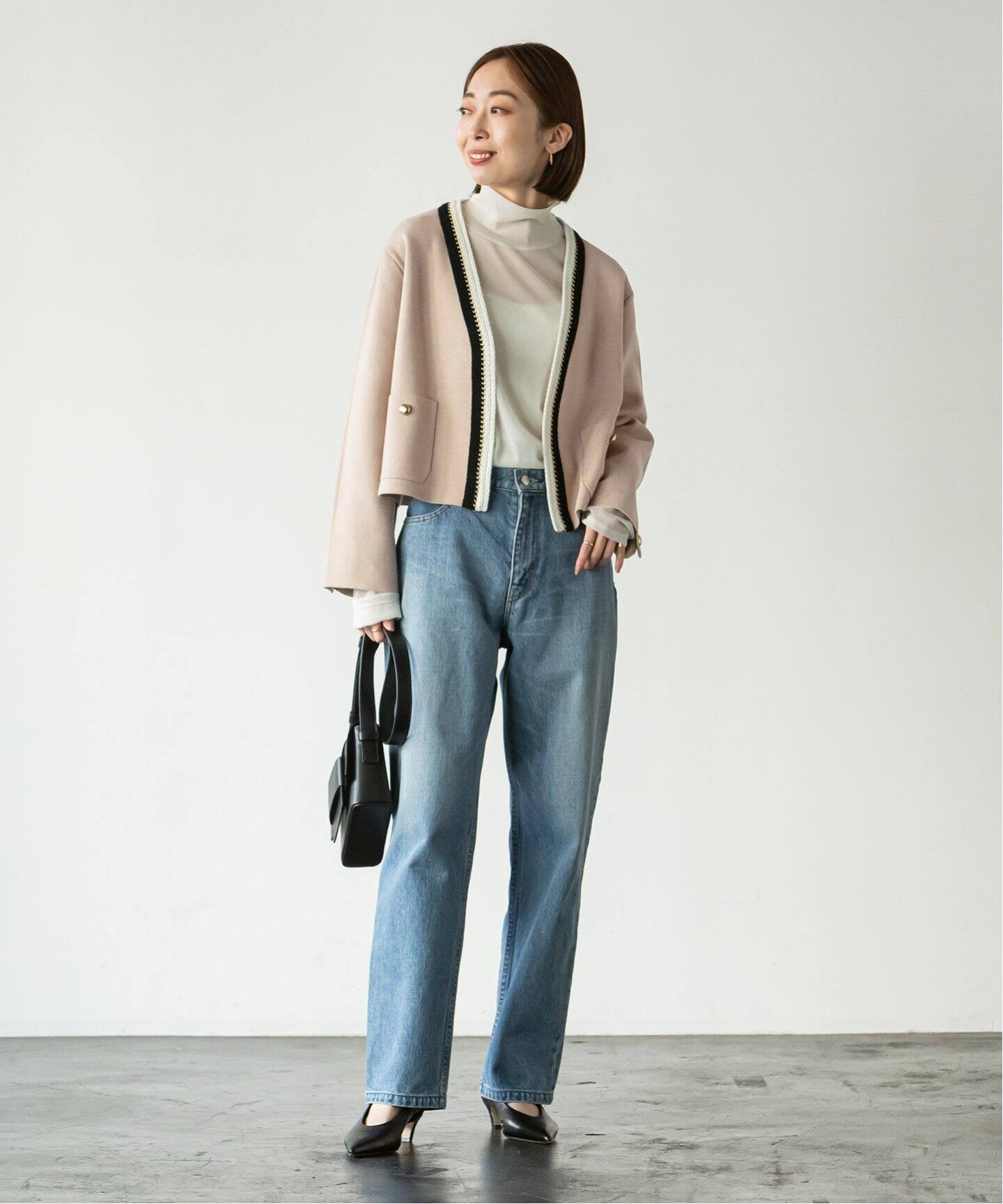 ライト配色トリミングミラノリブショートジャケット  