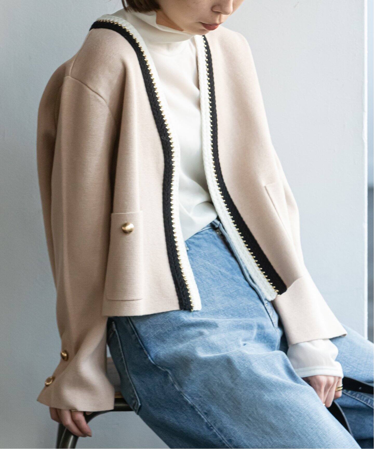 ライト配色トリミングミラノリブショートジャケット（カーディガン 