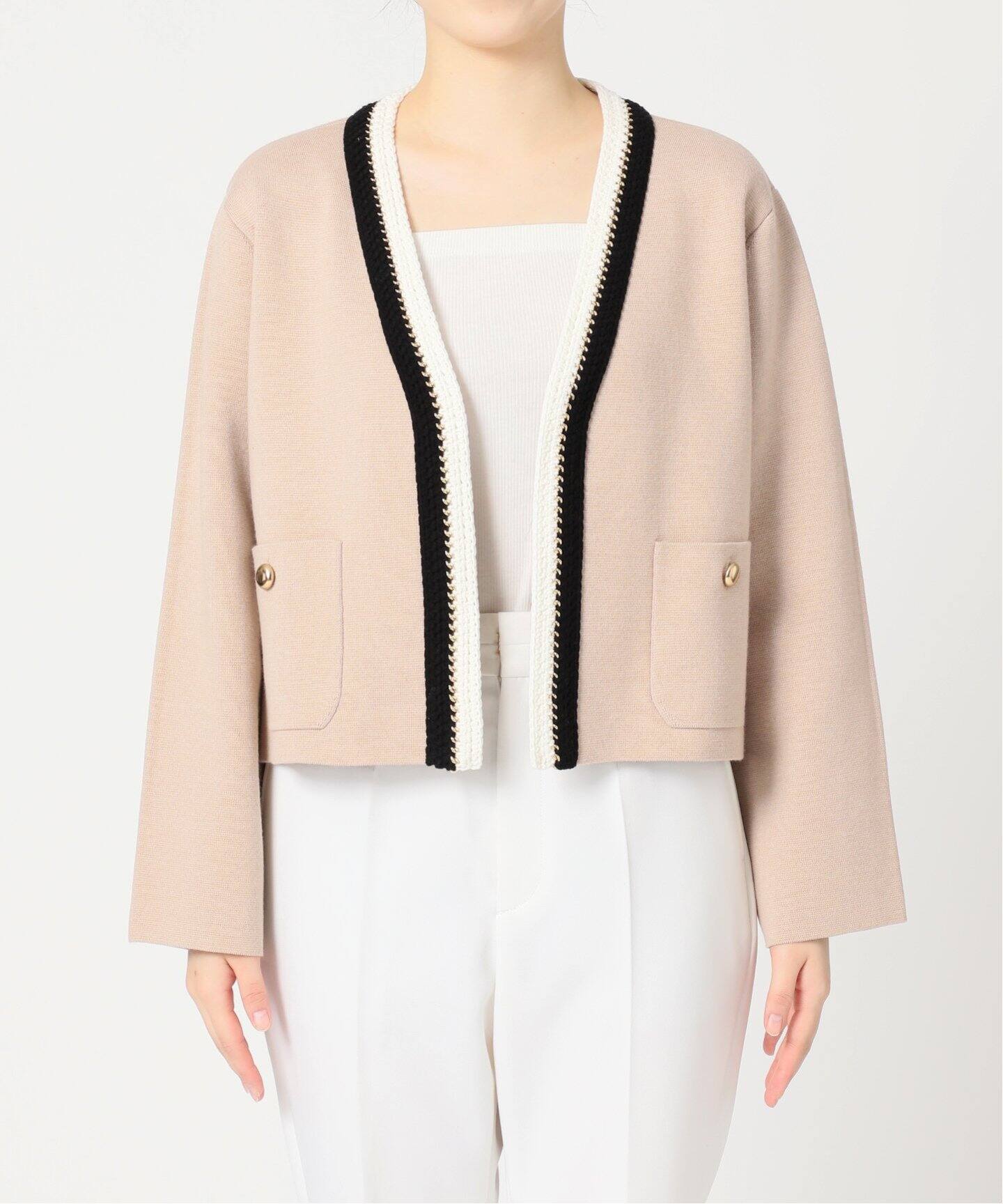 ライト配色トリミングミラノリブショートジャケット  