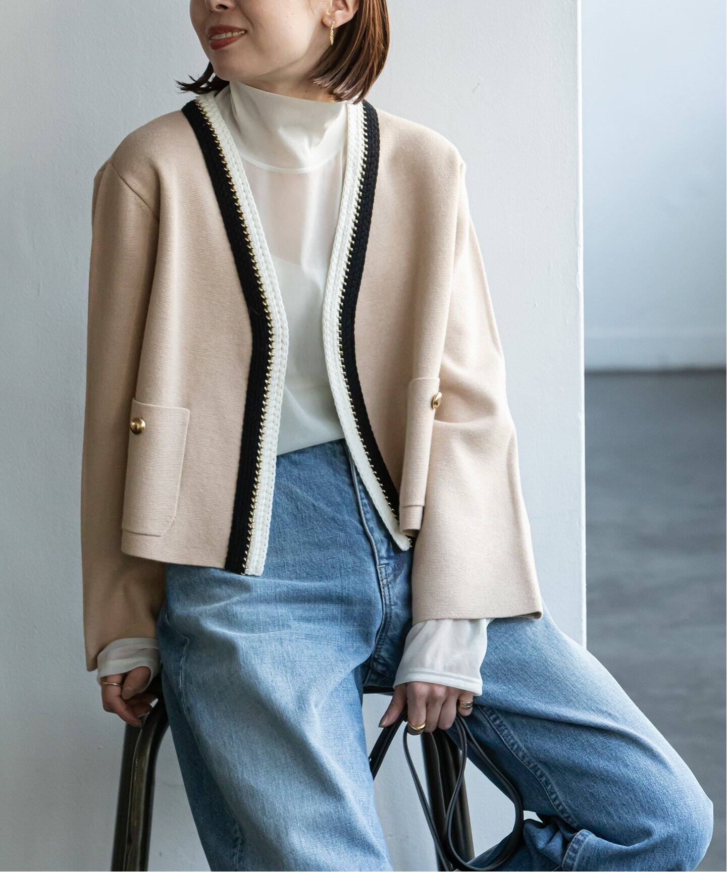 ライト配色トリミングミラノリブショートジャケット  