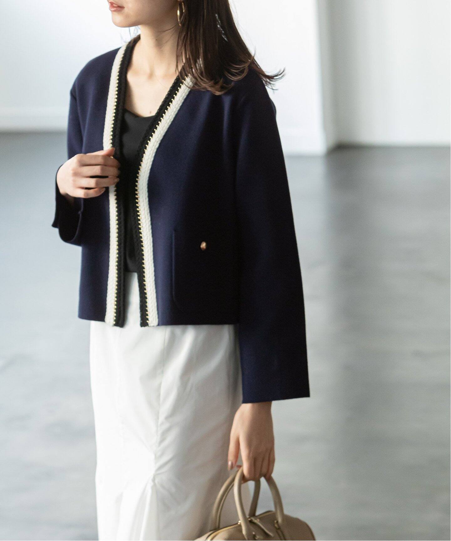 ライト配色トリミングミラノリブショートジャケット  