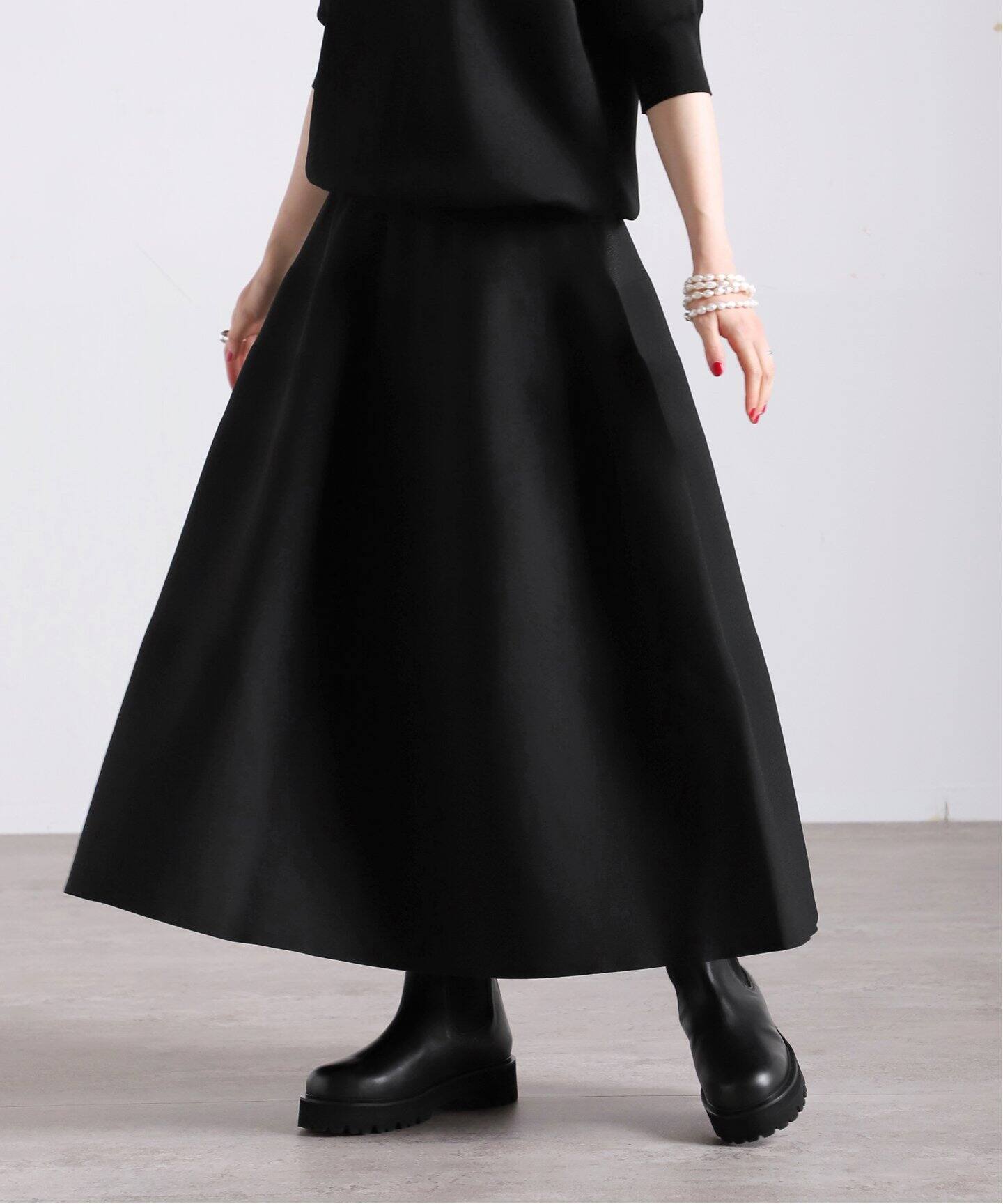 Room no.8 BLACK/ルームエイトブラック】PLATING TIERED Skirt（ロング 