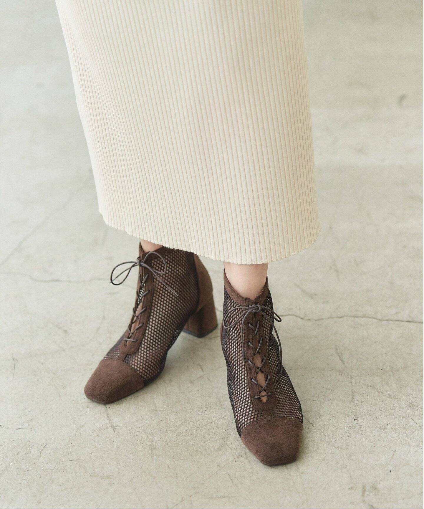 5.5cmスクエアネットレースアップショートブーツ（ブーティ・ショート  