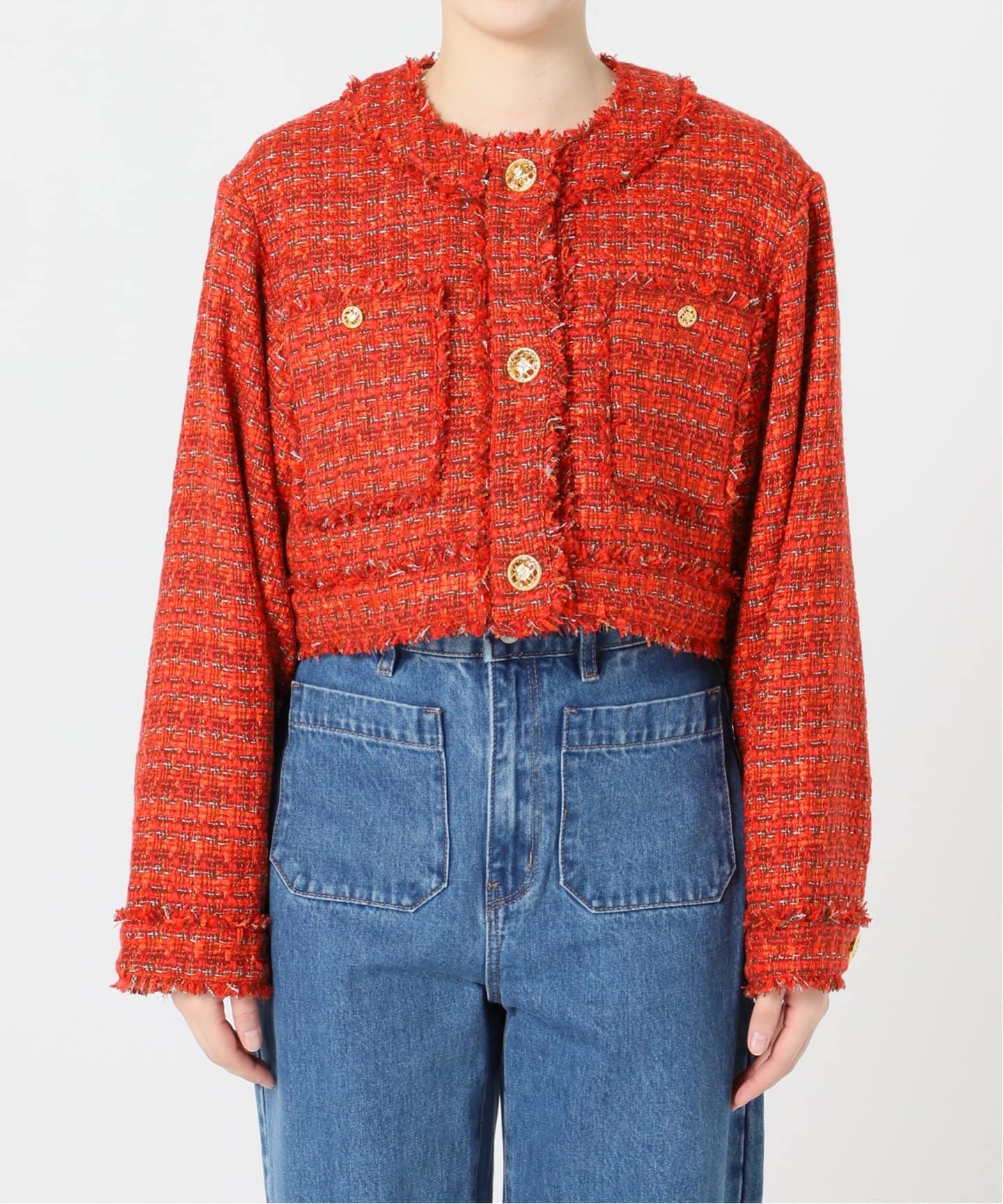 【美品】 スピックアンドスパン ツイードショート丈ジャケット 近年モデル ツィードショートジャケット（ノーカラージャケット）｜U by