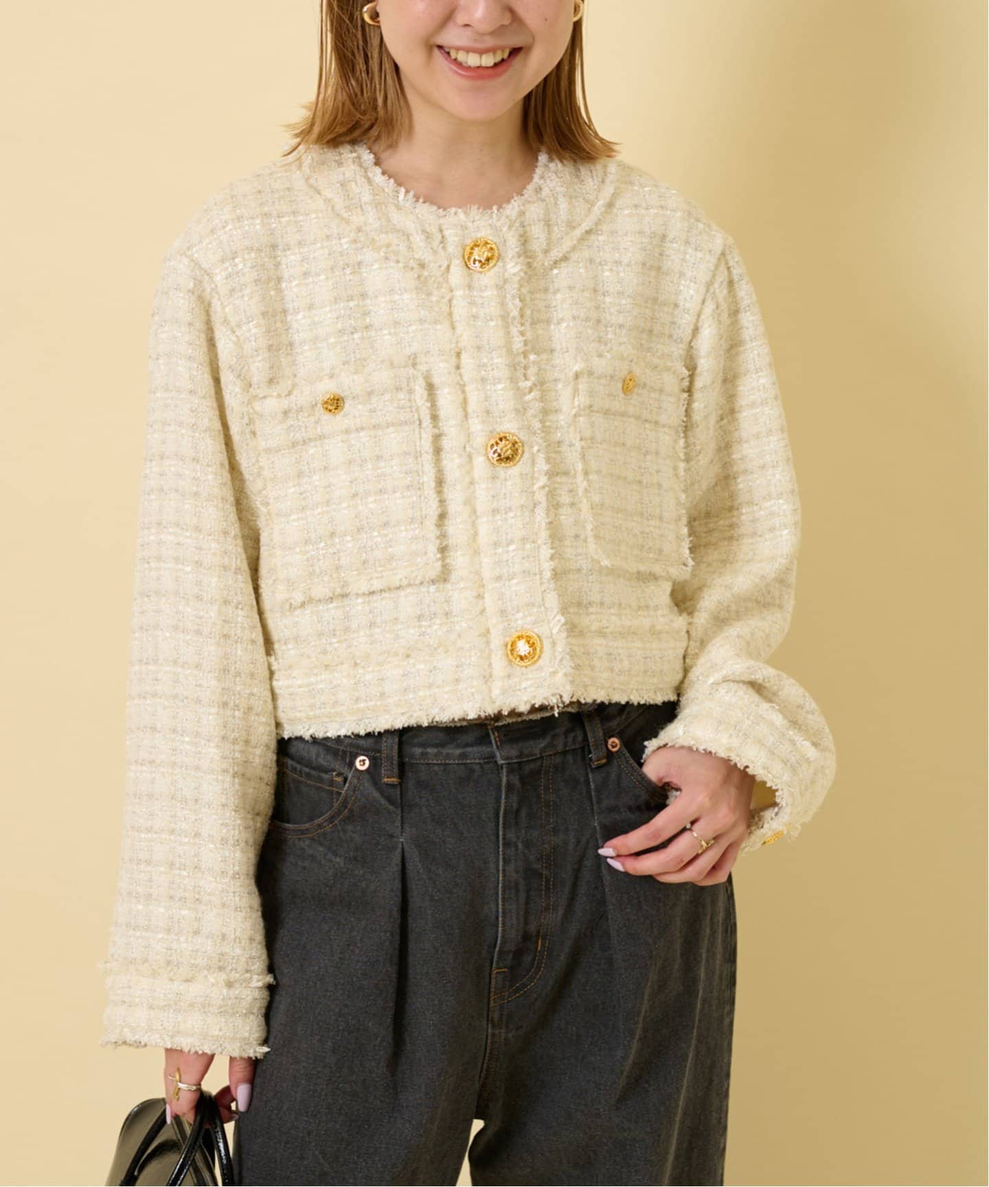 Spick & Span ベージュショートジャケット ツィードショートジャケット（ノーカラージャケット）｜U by