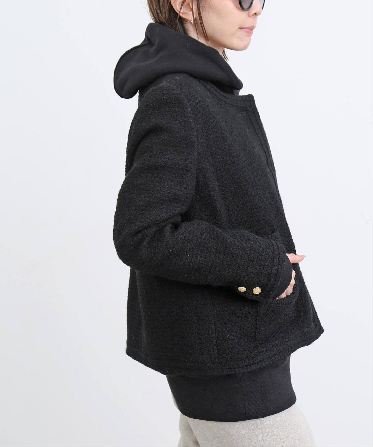 Tweed Jacket(Black)（ノーカラージャケット）｜L 