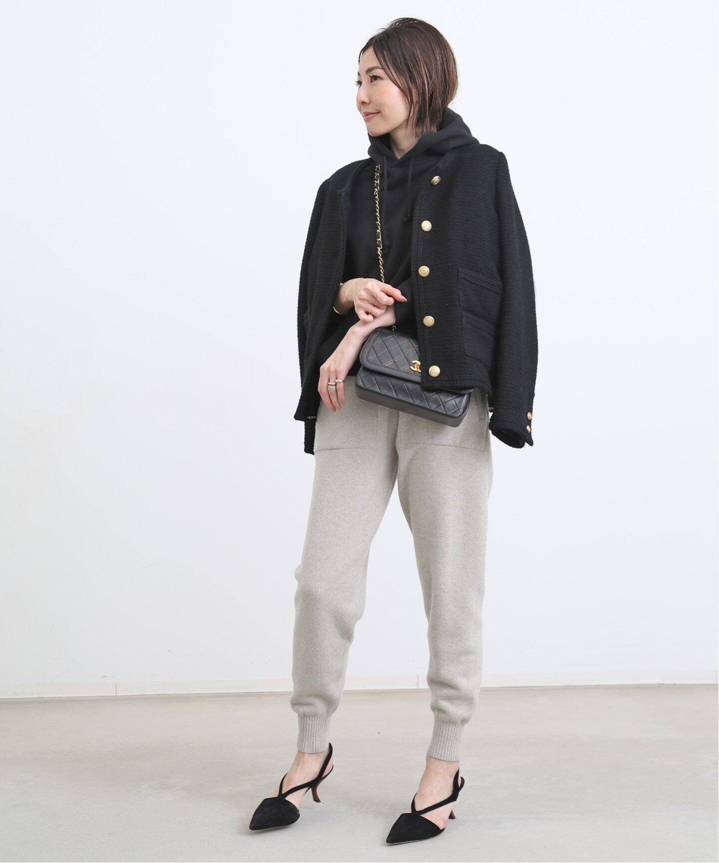 Tweed Jacket(Black)（ノーカラージャケット）｜L 