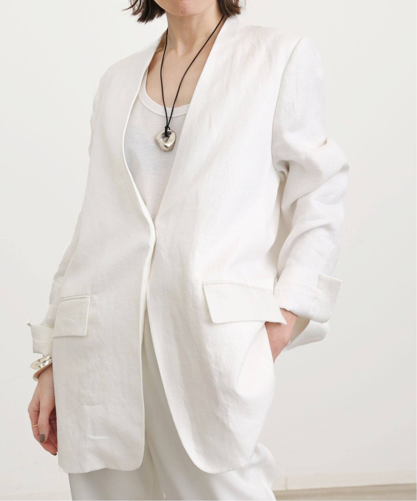 Linen No Collar Jacket（ノーカラージャケット）｜L