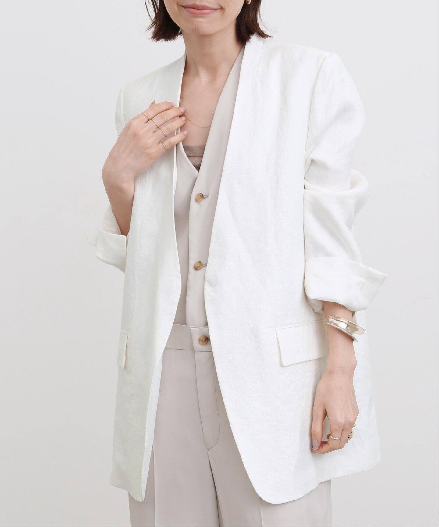 Linen No Collar Jacket（ノーカラージャケット）｜L