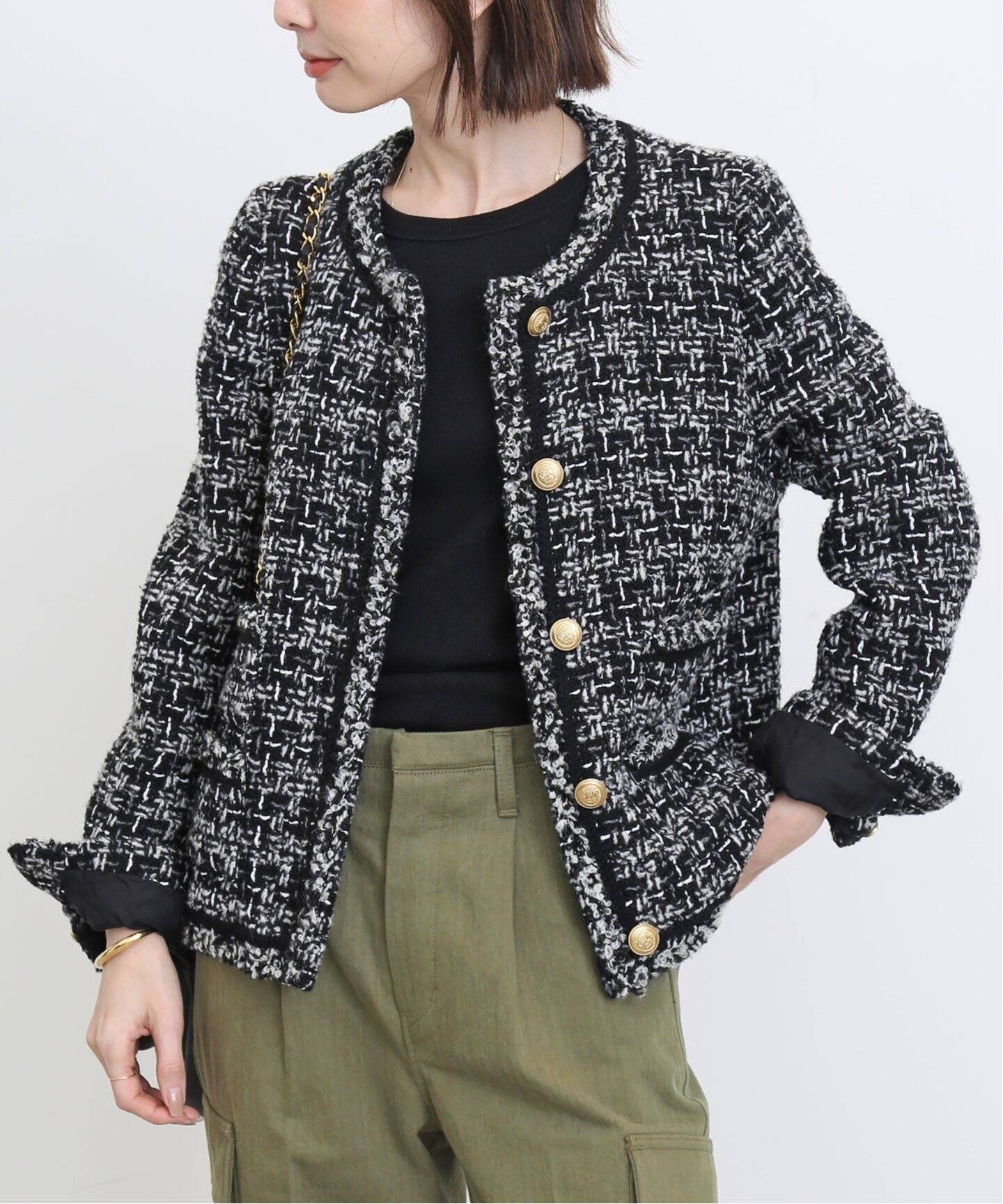 Tweed Jacket(Linton)（ノーカラージャケット）｜L 