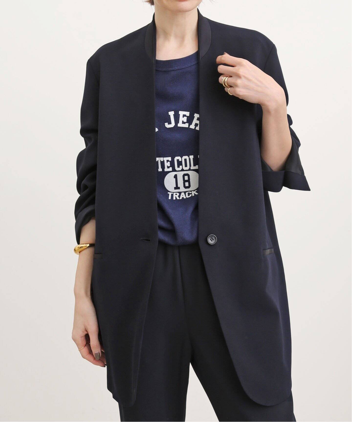 No Collar Relax Jacket(NAVY)（ノーカラージャケット）｜L  
