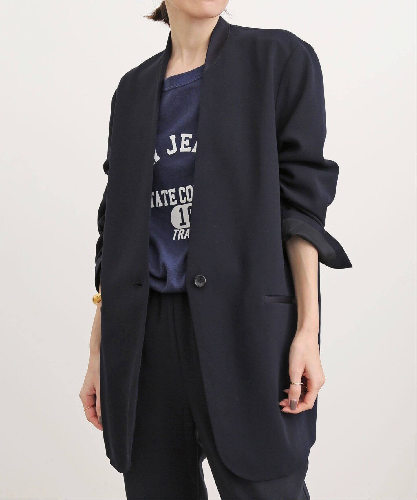 No Collar Relax Jacket(NAVY)（ノーカラージャケット）｜L  