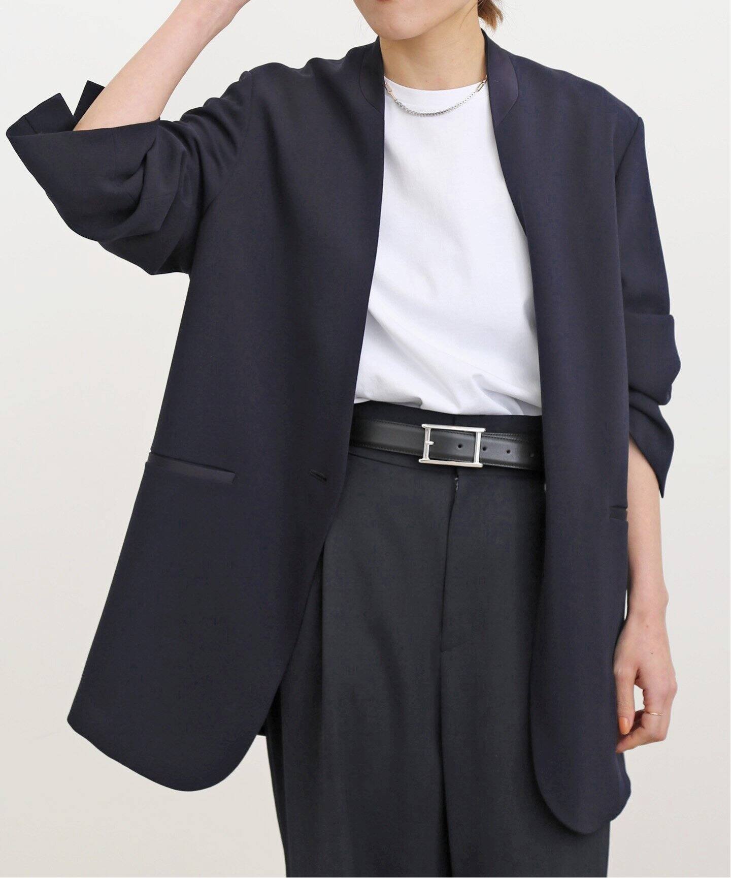 No Collar Relax Jacket(NAVY)（ノーカラージャケット）｜L  