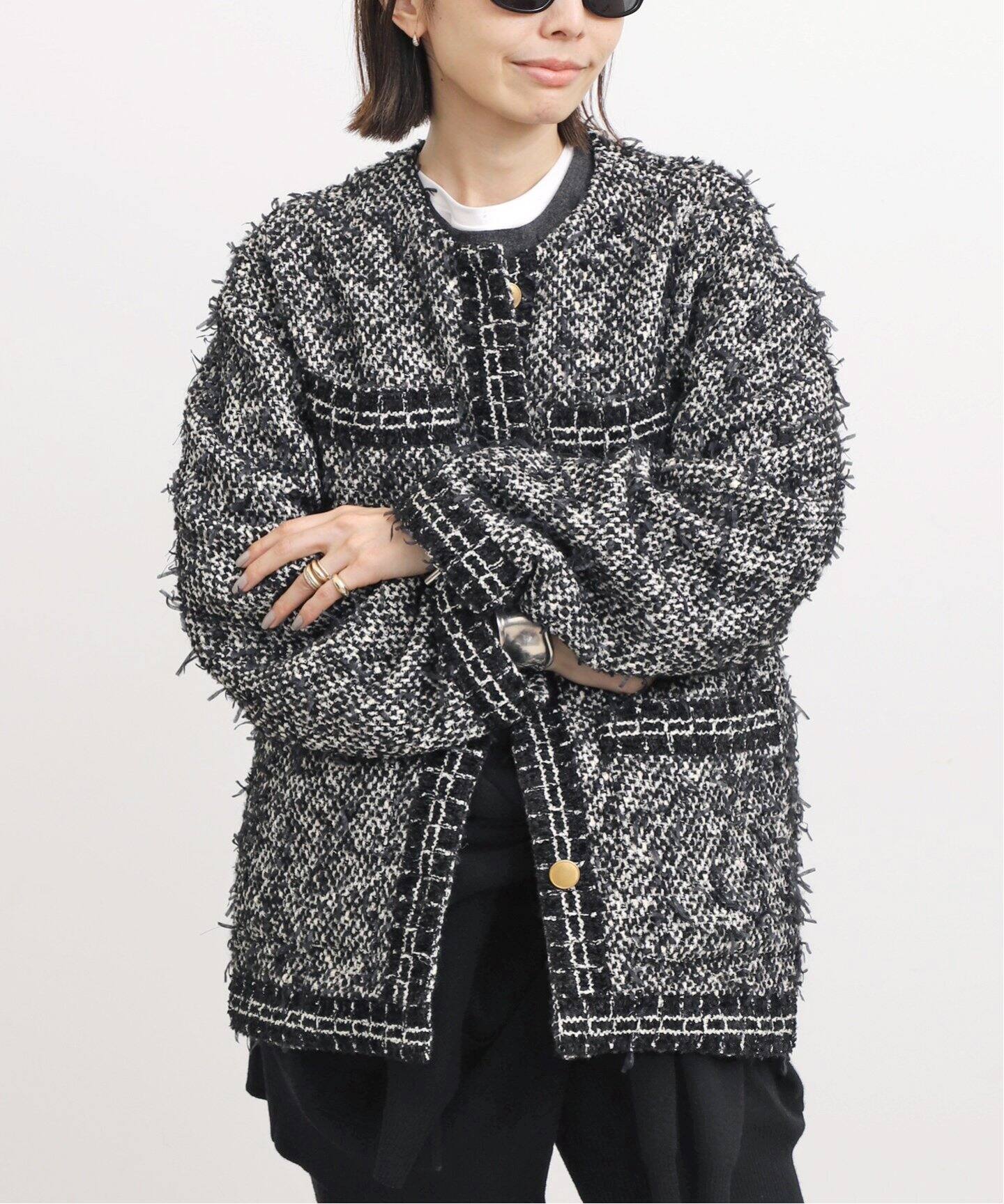 CHAUMES Tweed Oversize JK（ノーカラージャケット）｜L