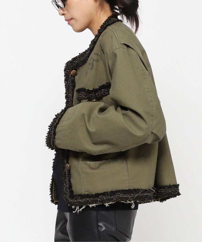 【STAND ALONE/スタンド アローン】TWEED TRIMMING MILITARY JACKE（ノーカラージャケット）｜AP
