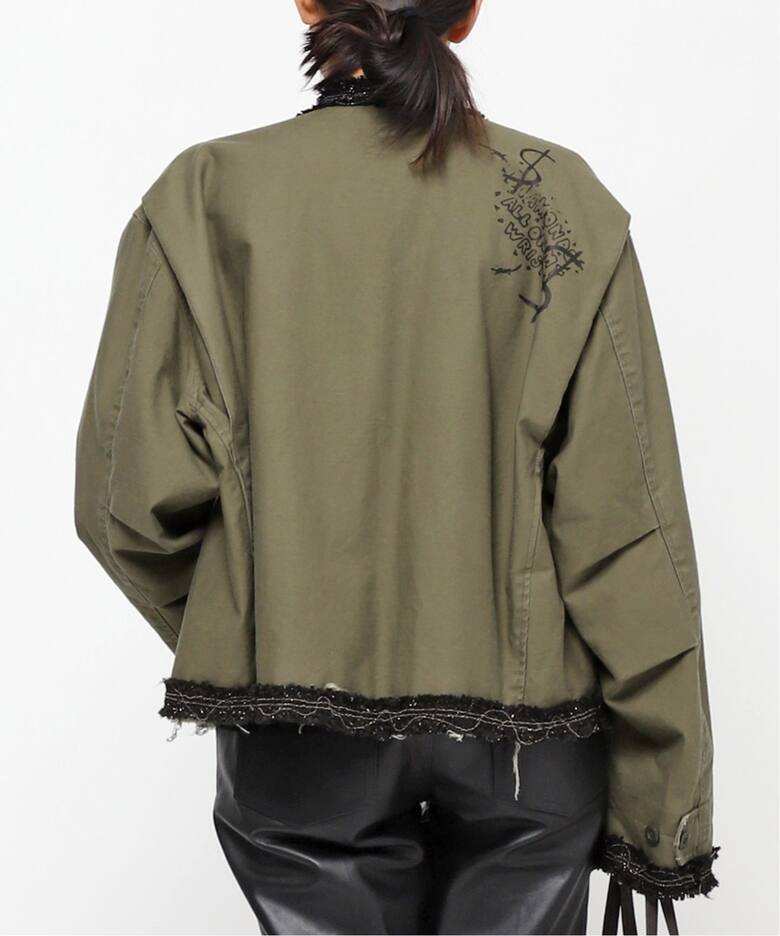 【STAND ALONE/スタンド アローン】TWEED TRIMMING MILITARY JACKE（ノーカラージャケット）｜AP
