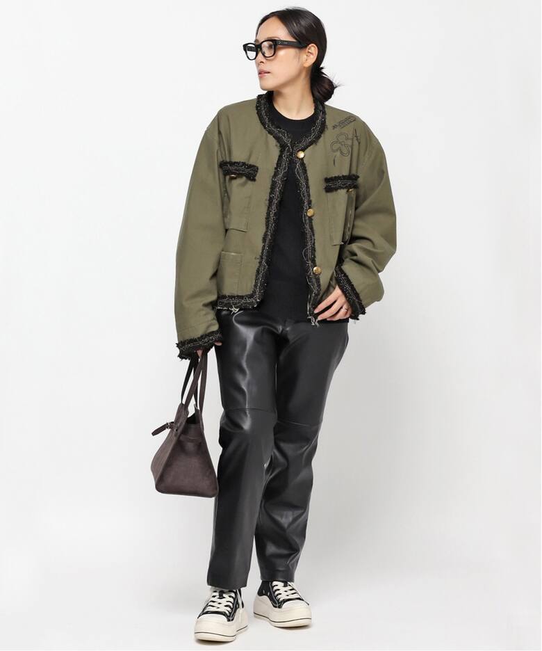【STAND ALONE/スタンド アローン】TWEED TRIMMING MILITARY JACKE（ノーカラージャケット）｜AP