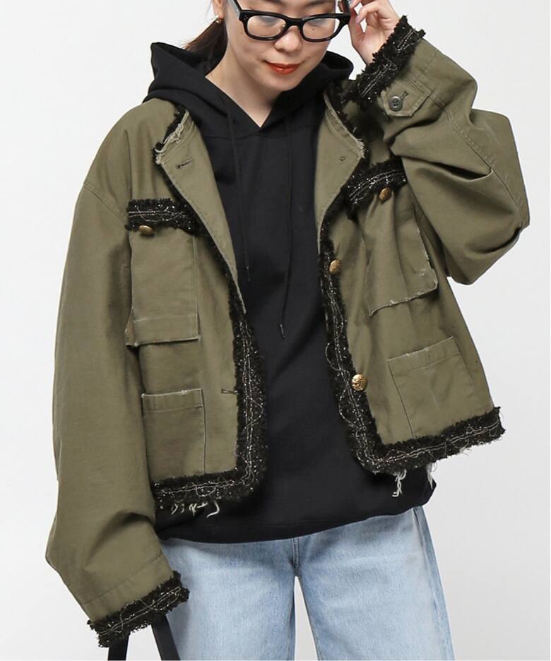 【STAND ALONE/スタンド アローン】TWEED TRIMMING MILITARY JACKE（ノーカラージャケット）｜AP