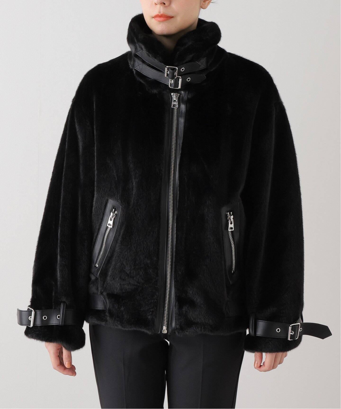 JAKKE/ジャッキー】 BOBBY BIKER BLACK：フェイクファージャケット 