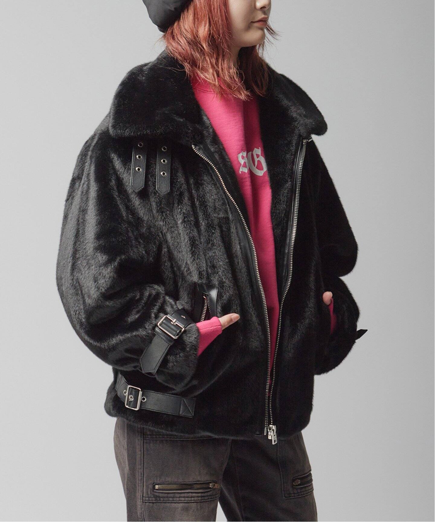 JAKKE/ジャッキー】 BOBBY BIKER BLACK：フェイクファージャケット 