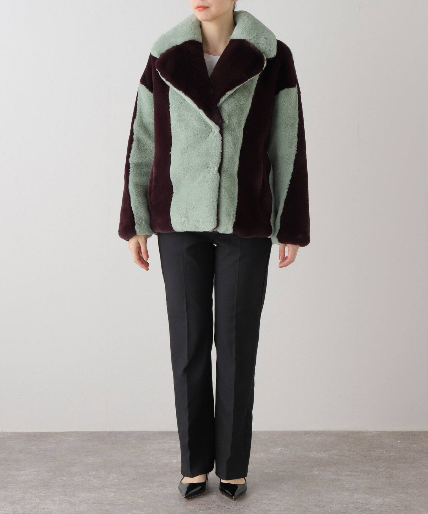 JAKKE/ジャッキー】 RITA COAT BURGUNDY MINT STRIPE：フェイクファー 