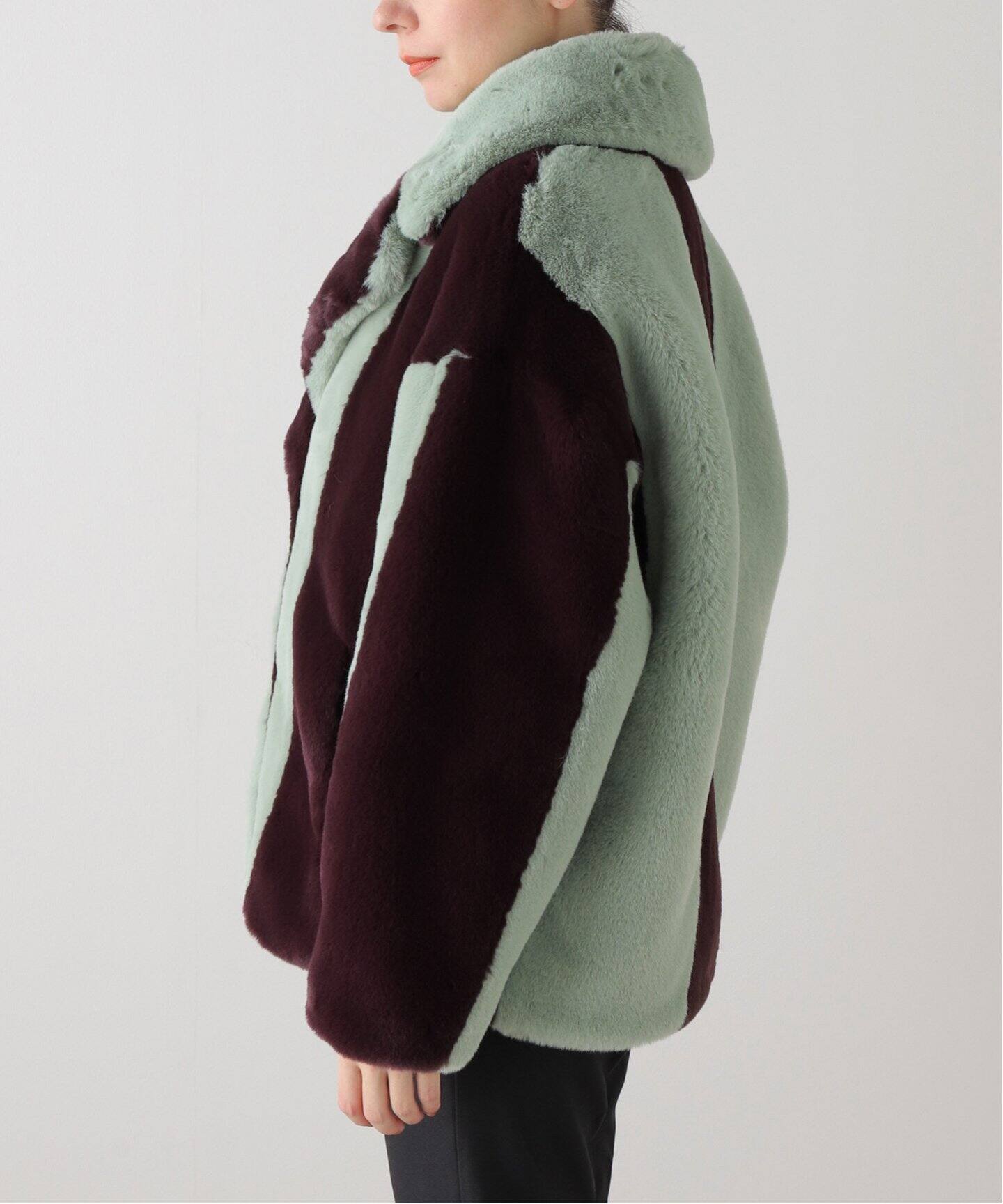 JAKKE/ジャッキー】 RITA COAT BURGUNDY MINT STRIPE：フェイクファー 
