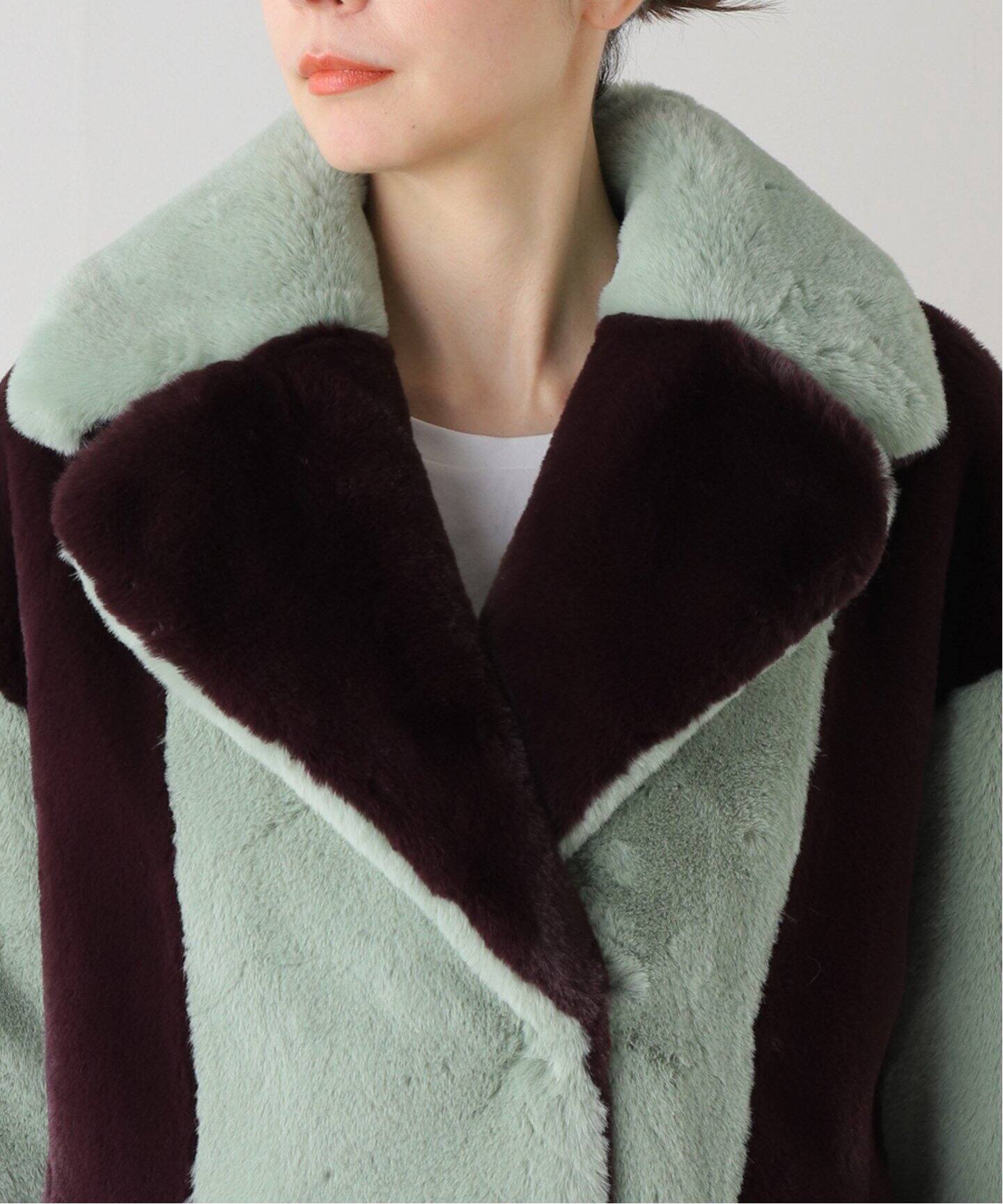 JAKKE/ジャッキー】 RITA COAT BURGUNDY MINT STRIPE：フェイクファー 
