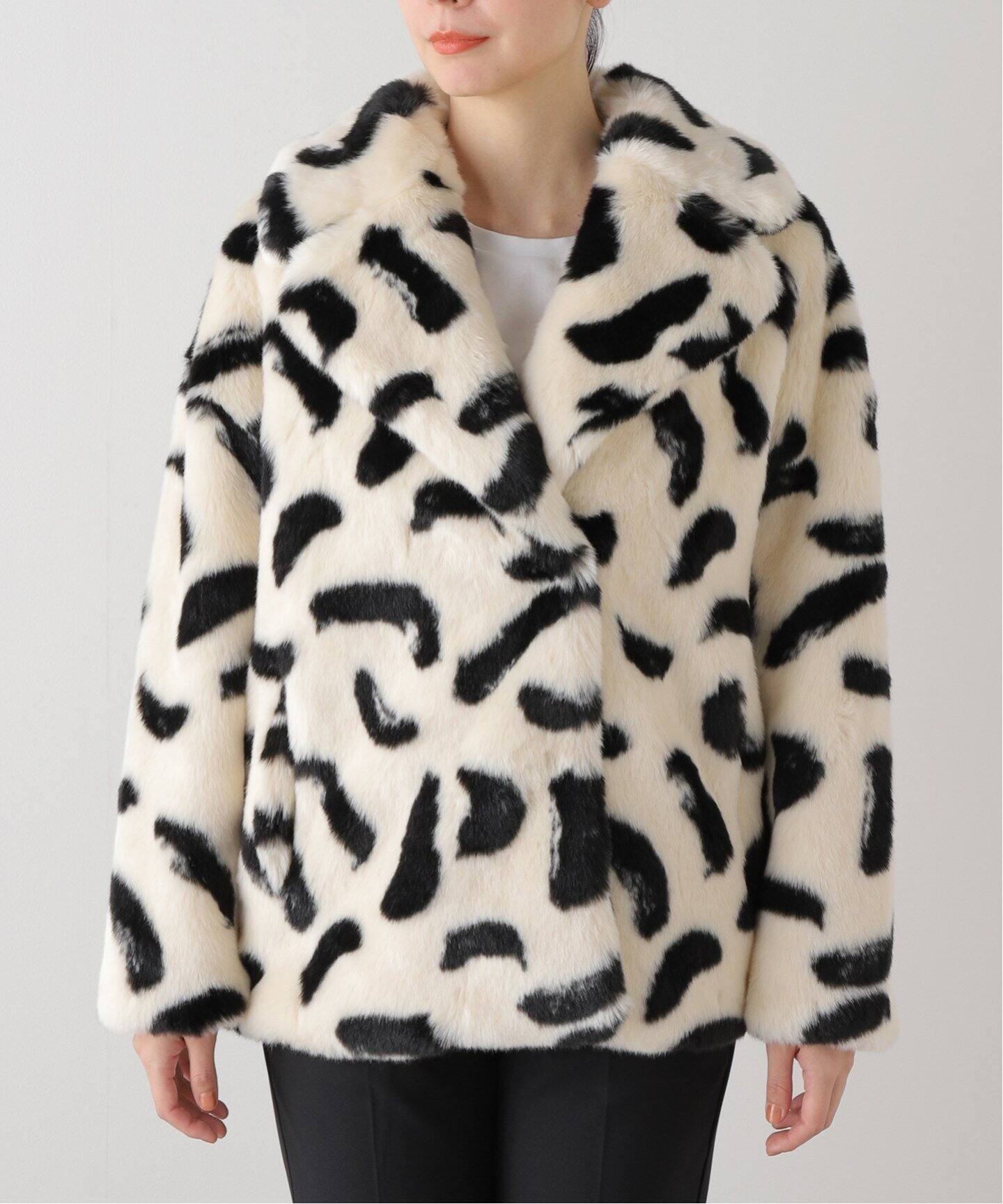 JAKKE/ジャッキー】RITA COAT PAINTBRUSH PRINT：フェイクファーコート 