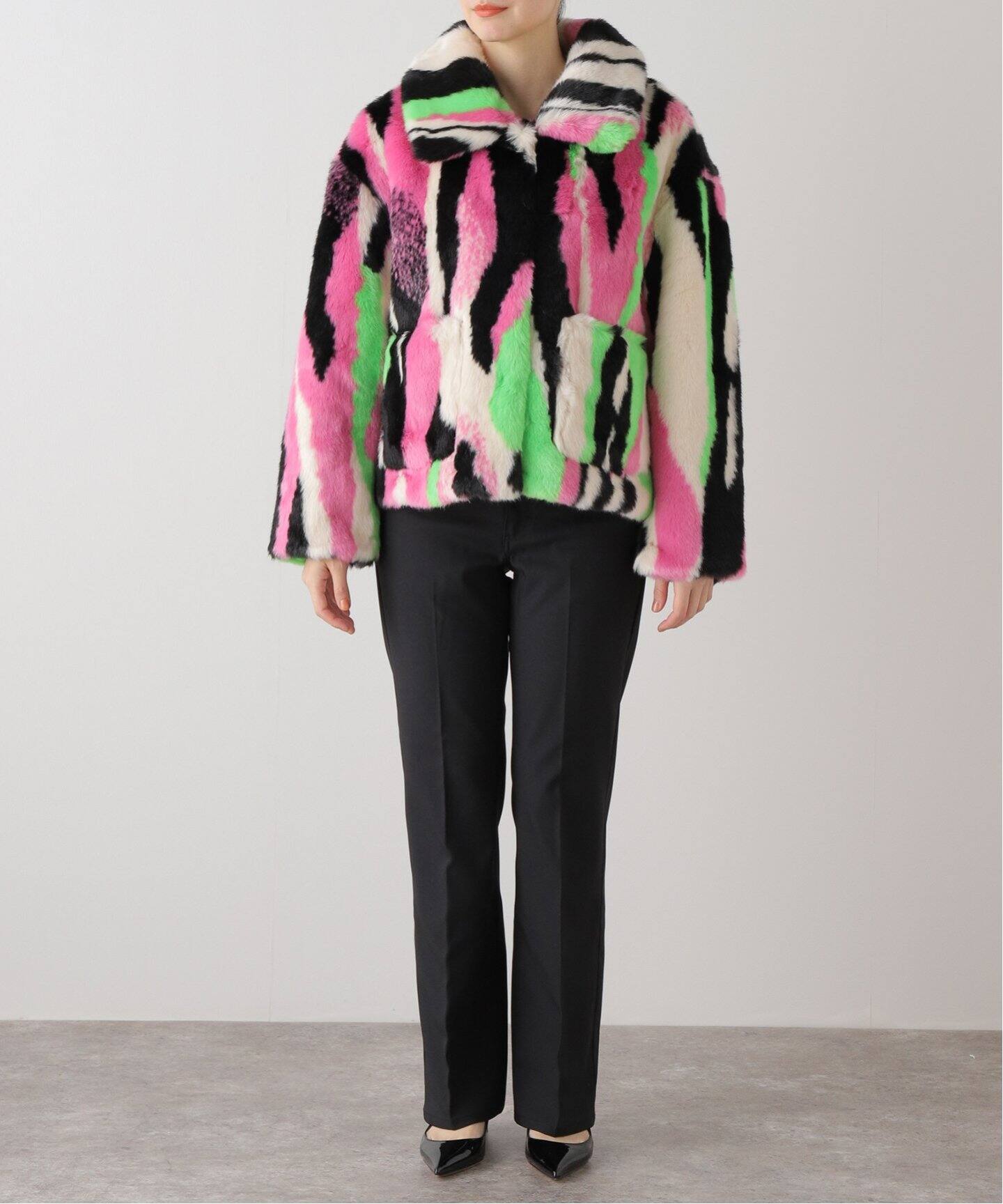 JAKKE/ジャッキー】TRACI COAT MULTI STRIPE：フェイクファーコート 