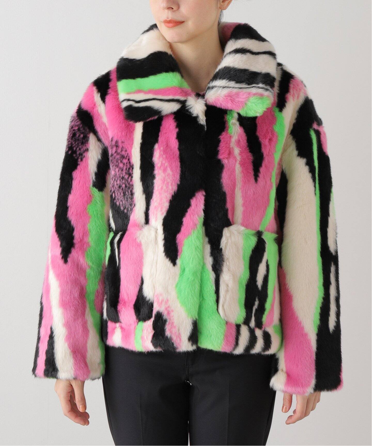 JAKKE/ジャッキー】TRACI COAT MULTI STRIPE：フェイクファーコート  