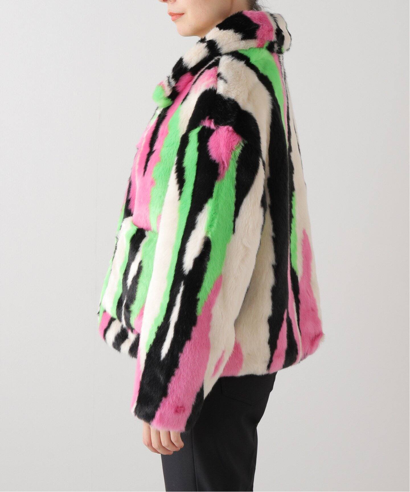 JAKKE/ジャッキー】TRACI COAT MULTI STRIPE：フェイクファーコート 