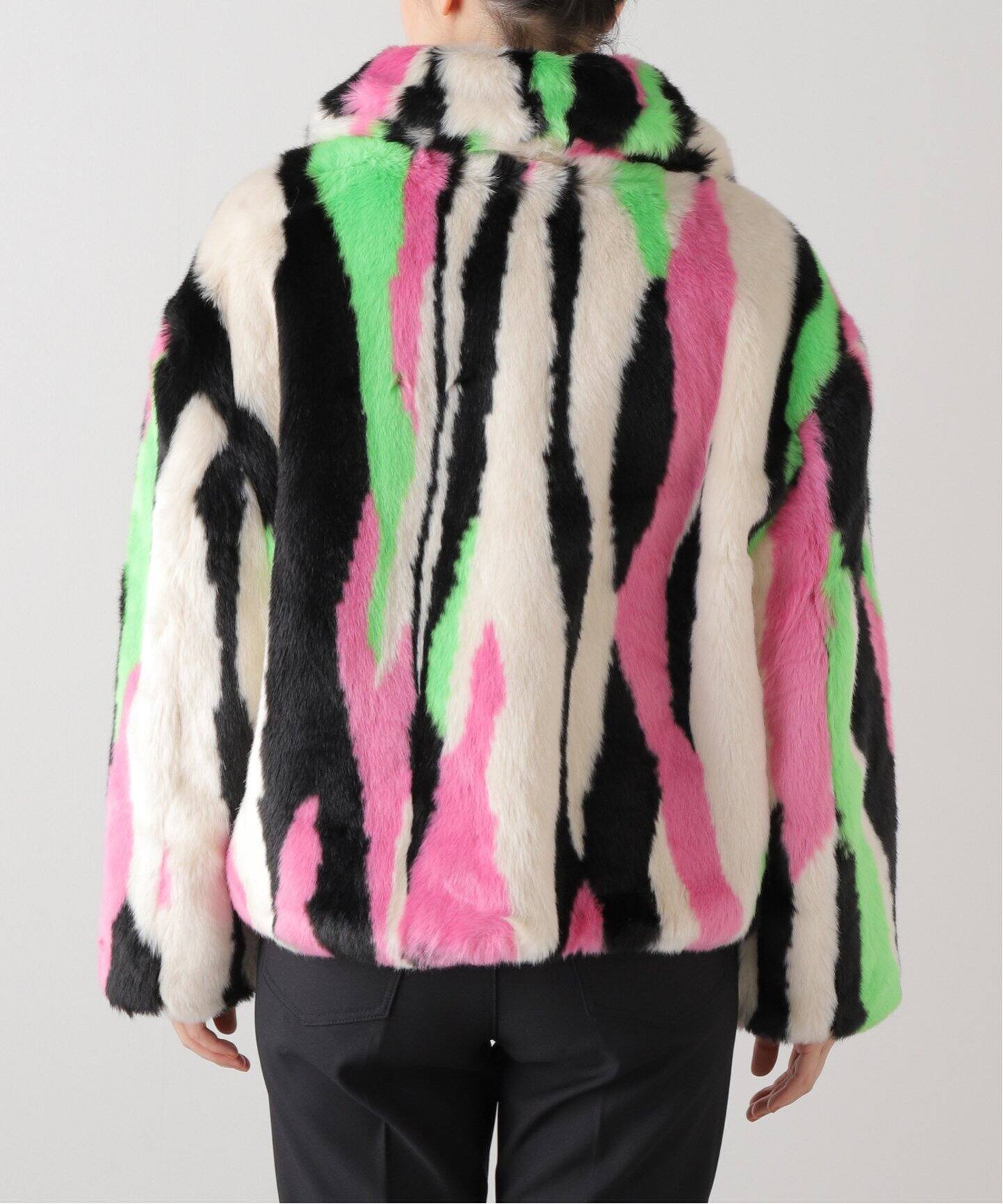 JAKKE/ジャッキー】TRACI COAT MULTI STRIPE：フェイクファーコート  