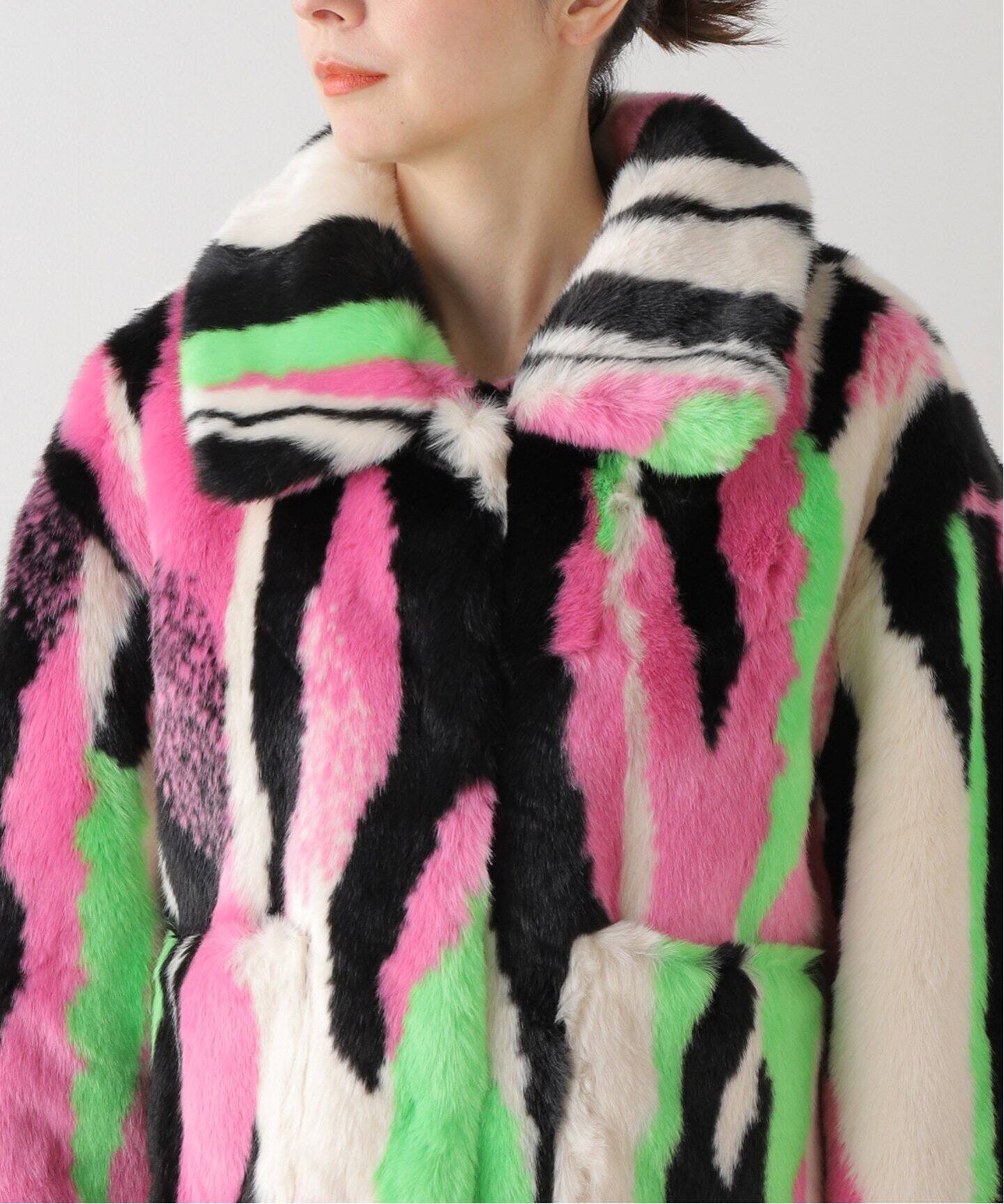 JAKKE/ジャッキー】TRACI COAT MULTI STRIPE：フェイクファーコート 