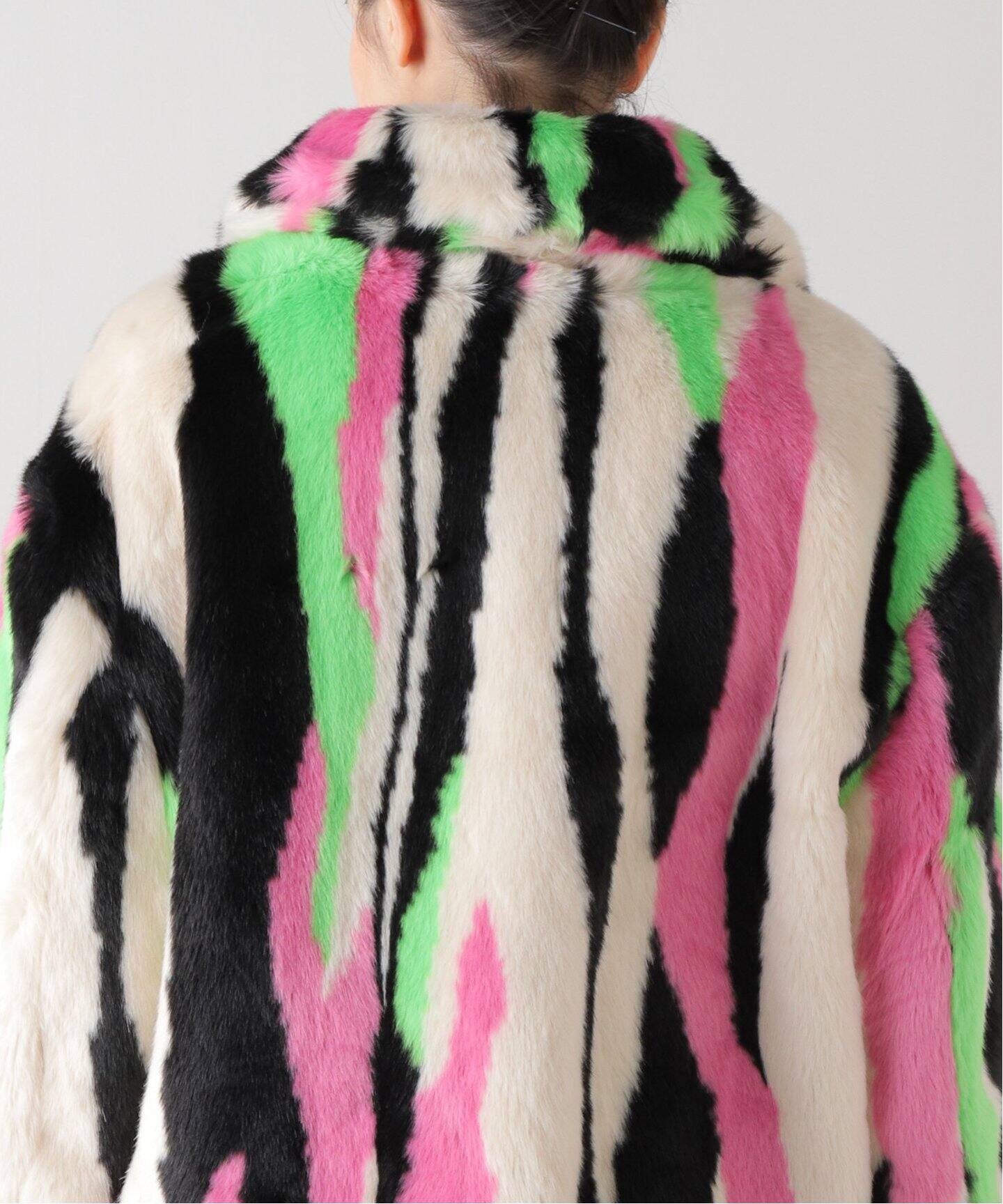 JAKKE/ジャッキー】TRACI COAT MULTI STRIPE：フェイクファーコート 