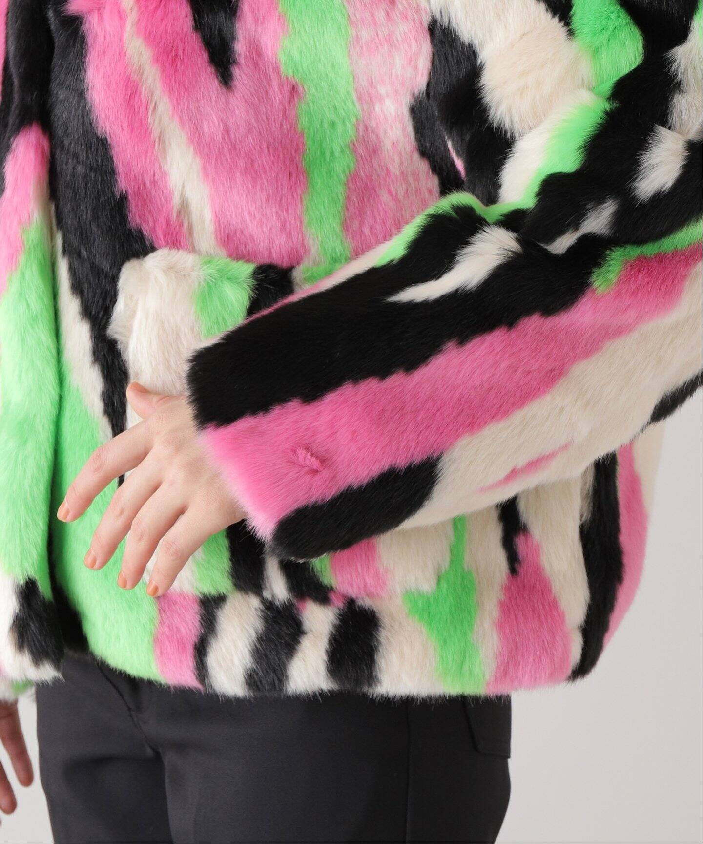 JAKKE/ジャッキー】TRACI COAT MULTI STRIPE：フェイクファーコート 