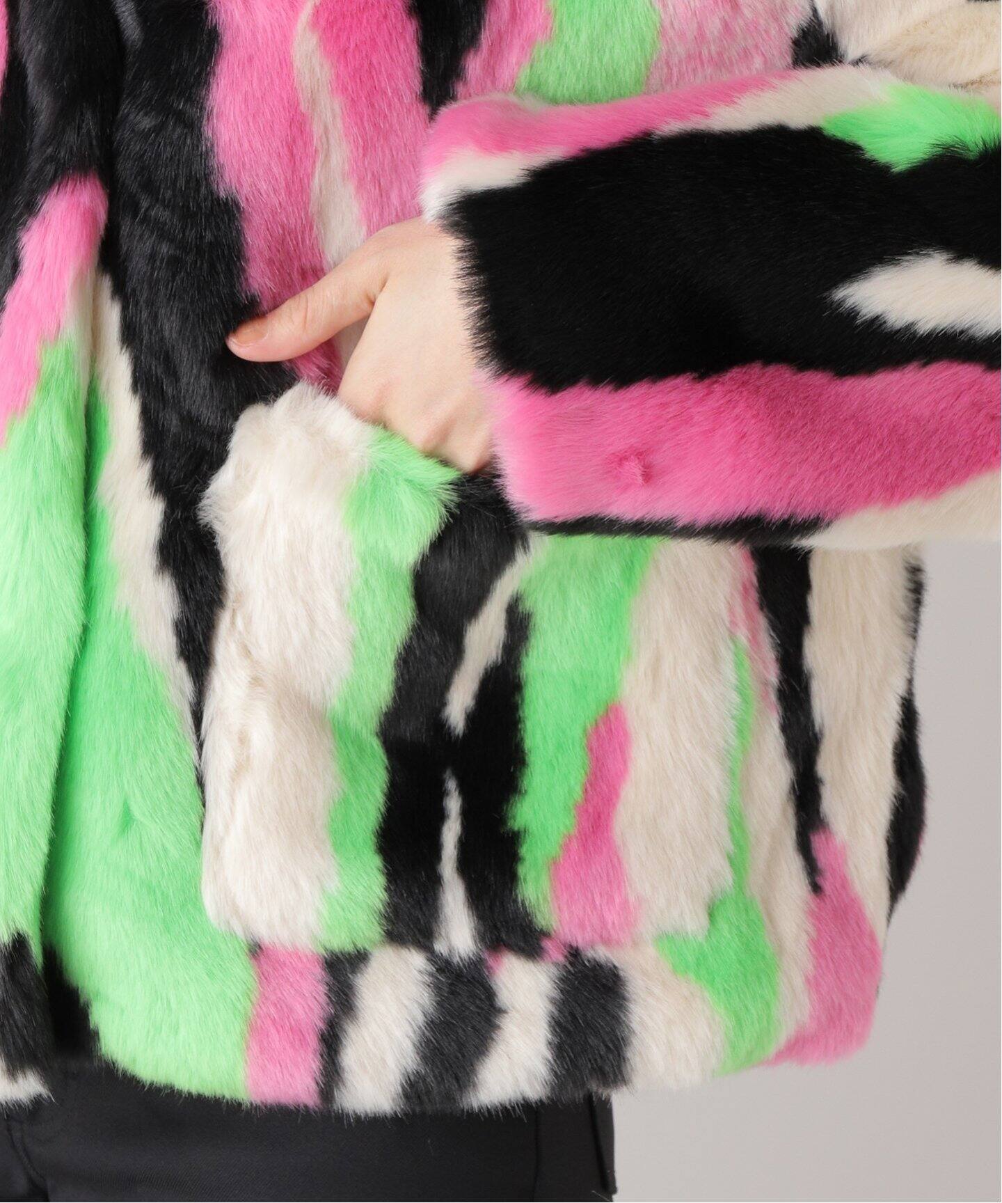 JAKKE/ジャッキー】TRACI COAT MULTI STRIPE：フェイクファーコート 