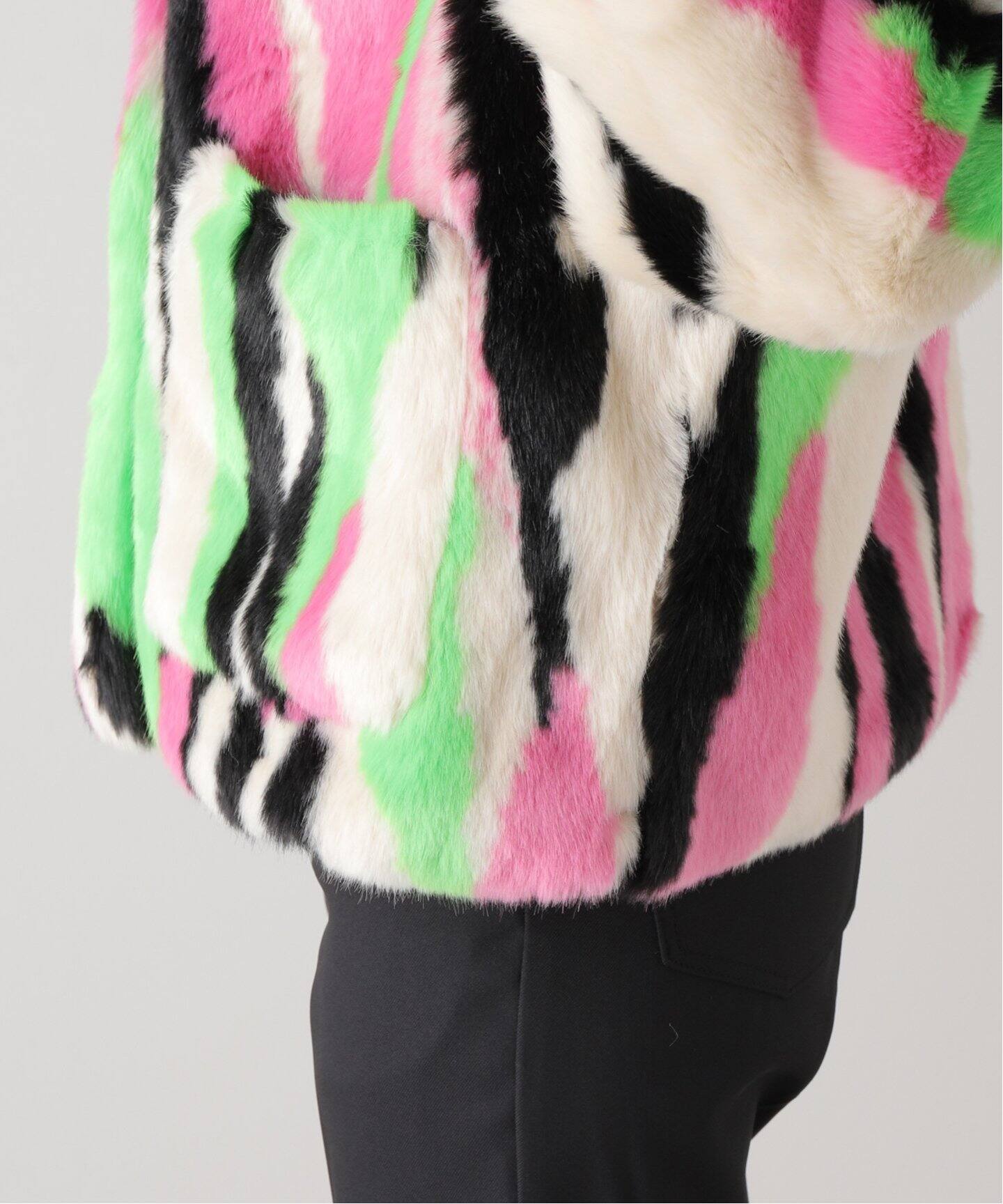 JAKKE/ジャッキー】TRACI COAT MULTI STRIPE：フェイクファーコート 